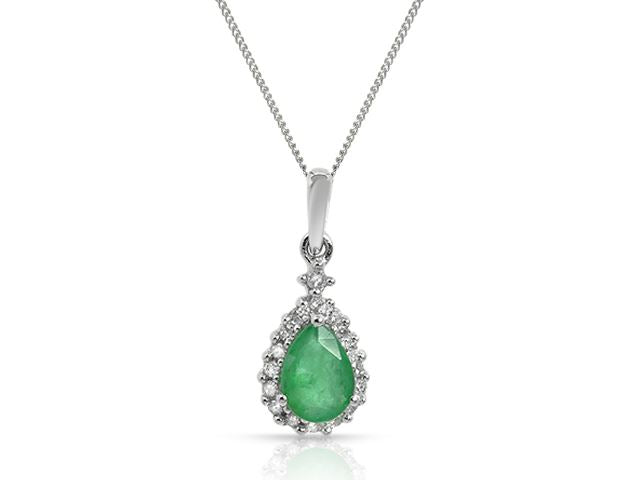 Pendentif et Boucles d'Oreilles Clou Classique Or Blanc 375 Emeraude Poire et Diamant Halo