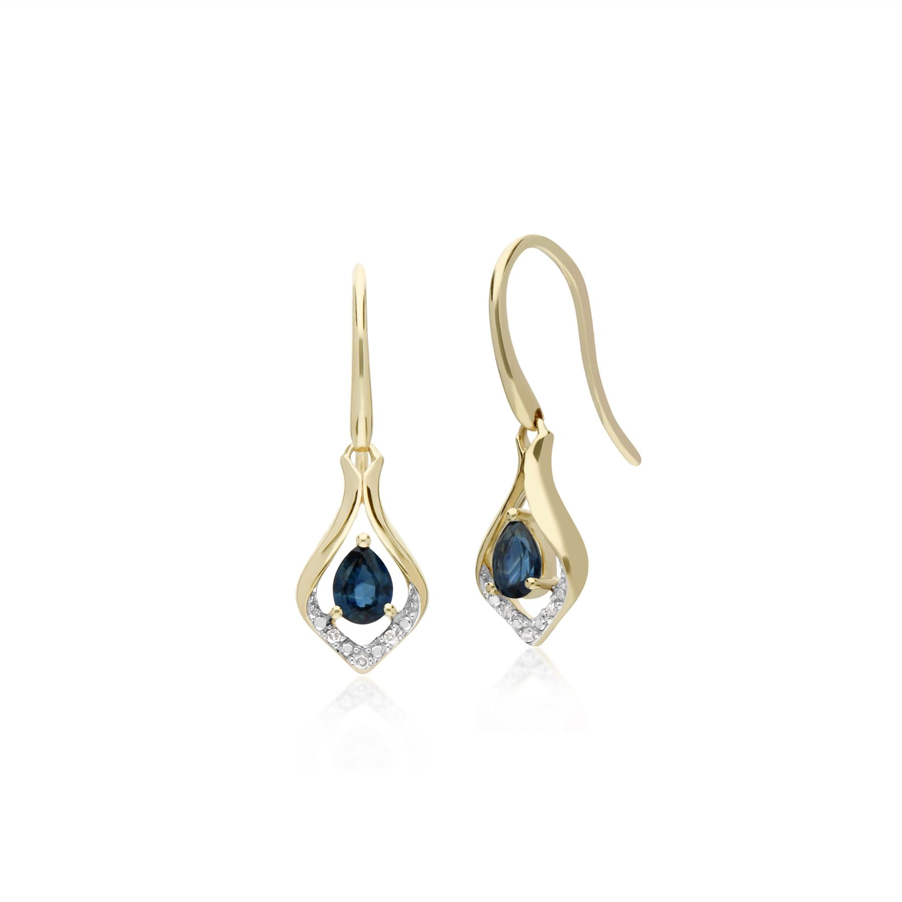 Boucles d'Oreilles Dormeuses et Pendentif Feuille Classique Or Jaune 375 Saphir et Diamant