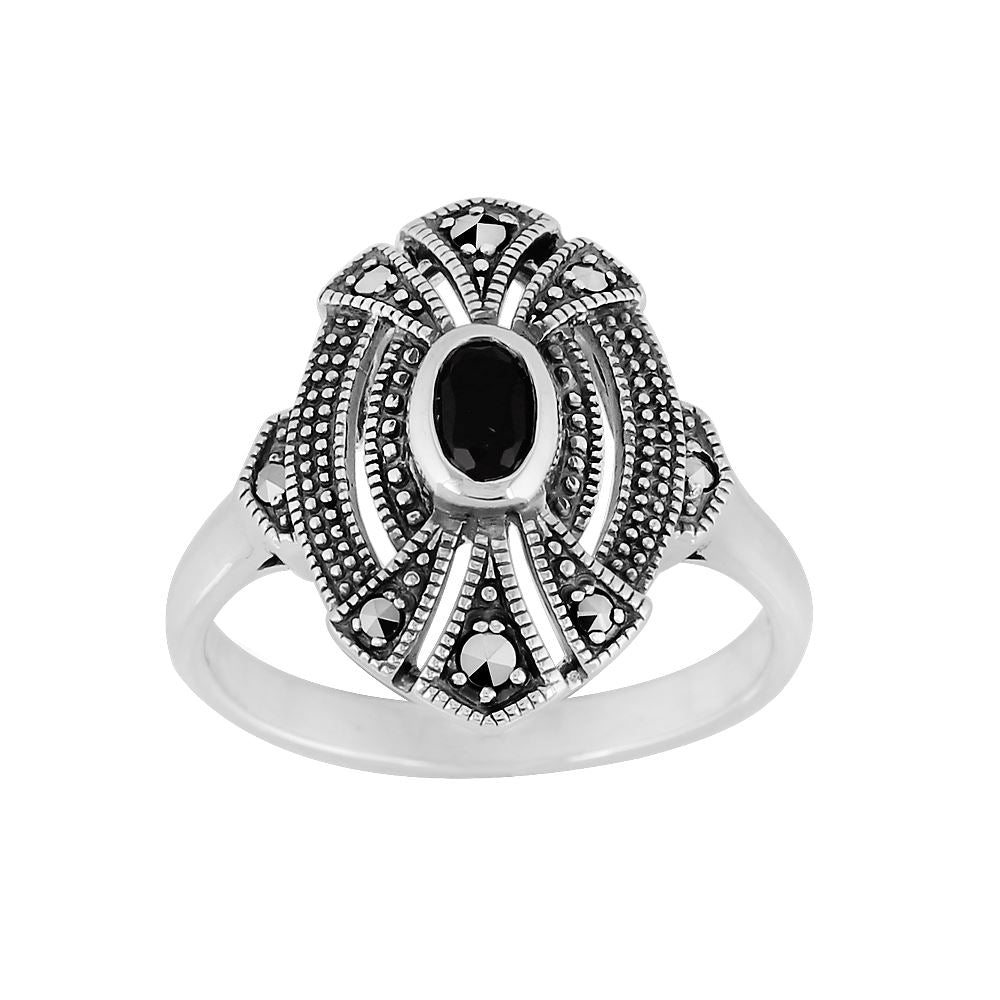 Bague cocktail ovale style art déco en argent sterling 925 avec onyx noir et marcassite