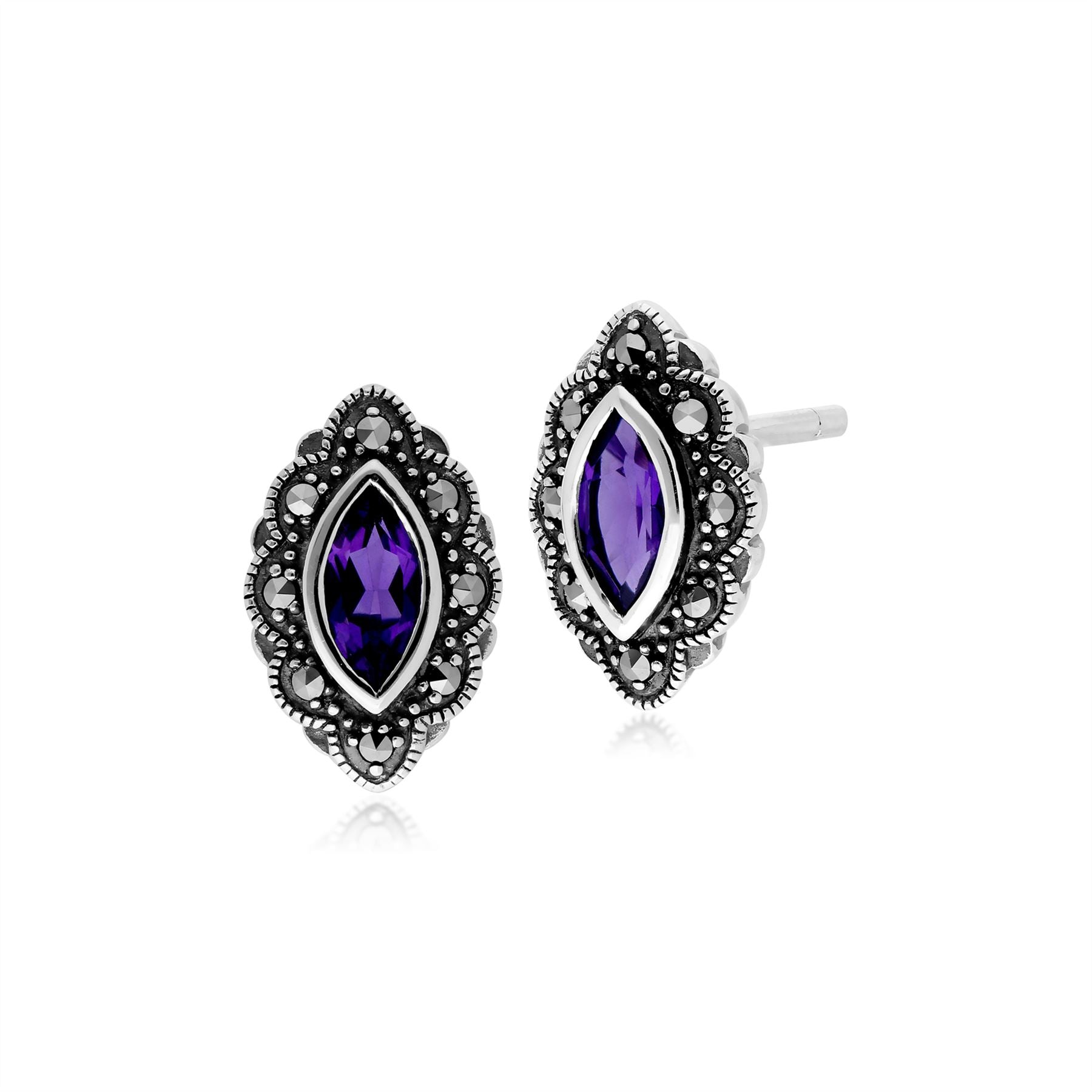 Boucles d'Oreilles Clou Style Art Nouveau Argent 925 Améthyste Marquise et Marcassite