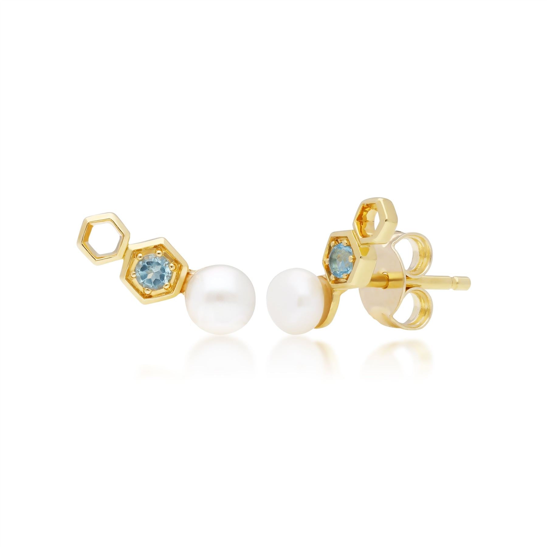 Boucles d'Oreilles Climbers Clou Moderne Or Jaune 375 Topaze Bleue et Perle