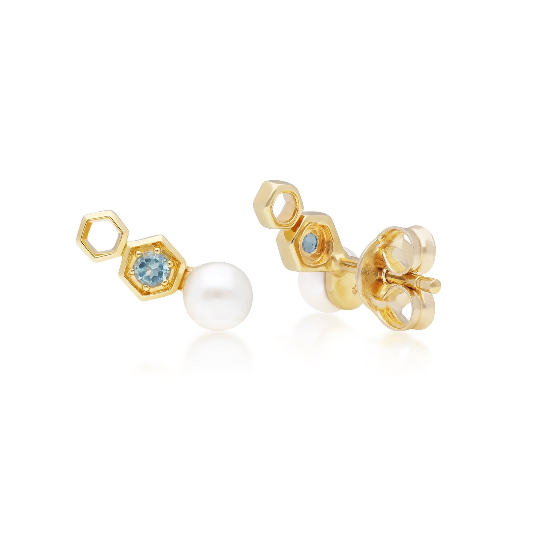 Boucles d'Oreilles Climbers Clou Moderne Or Jaune 375 Topaze Bleue et Perle