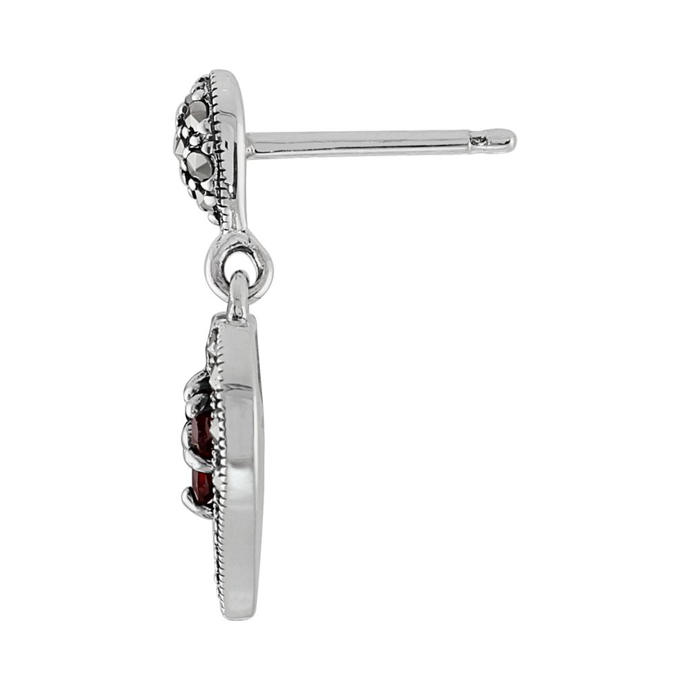 Pendentif et Boucles d'Oreilles Pendantes Cœur Style Art Déco Argent 925 Grenat Rond et Marcassite