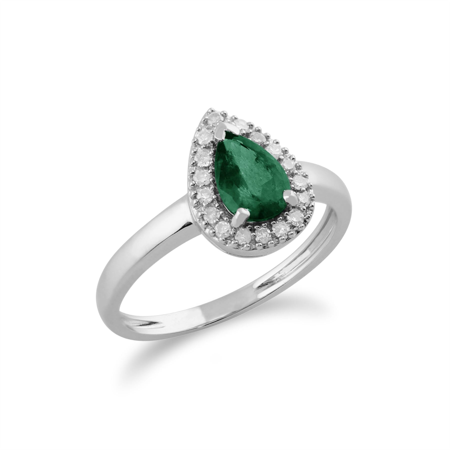 Bague Classique Or Blanc 375 Emeraude Poire et Diamand halo