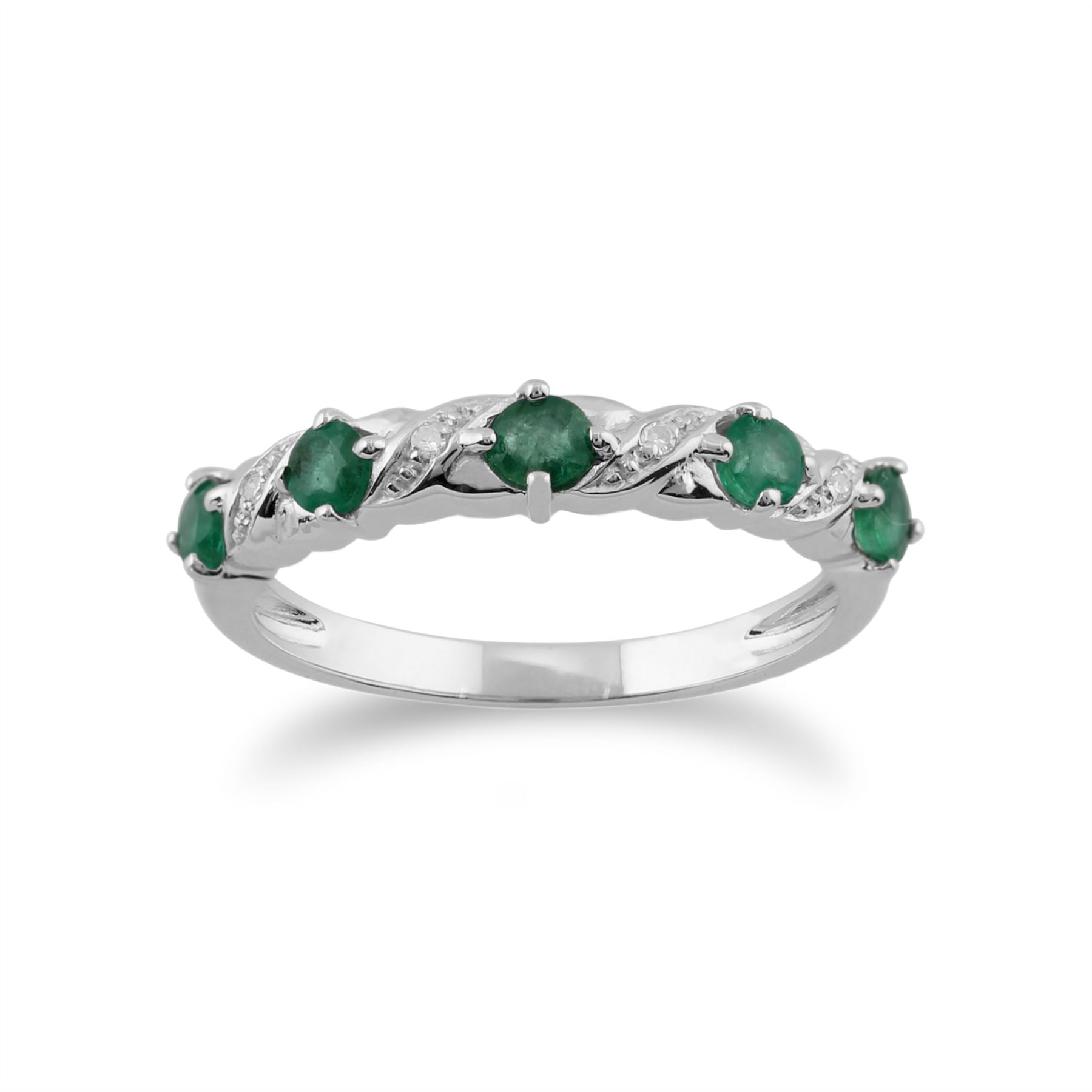 Bague Classique Demi-Eternité Or Blanc 375 Emeraude et Diamant