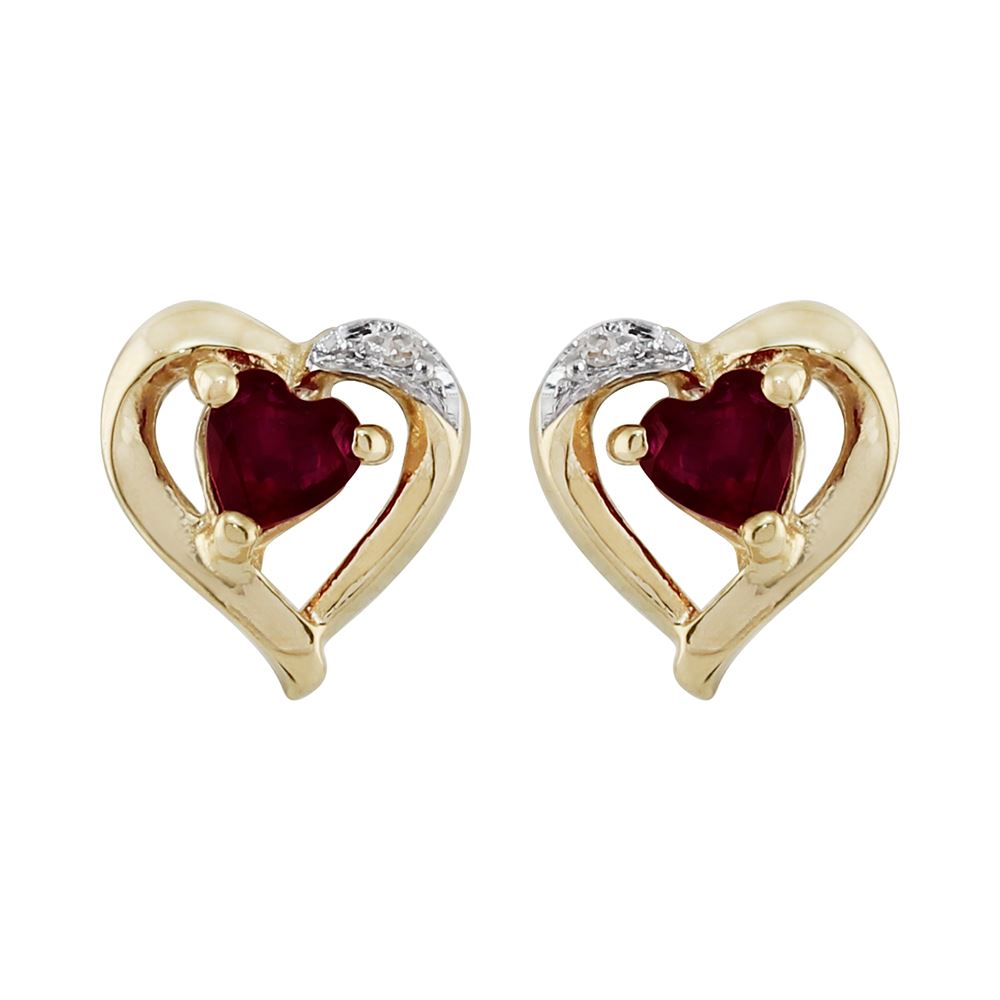 Boucles d'Oreilles Clou Classique Or Jaune 375 Grenat Cœur et Diamant
