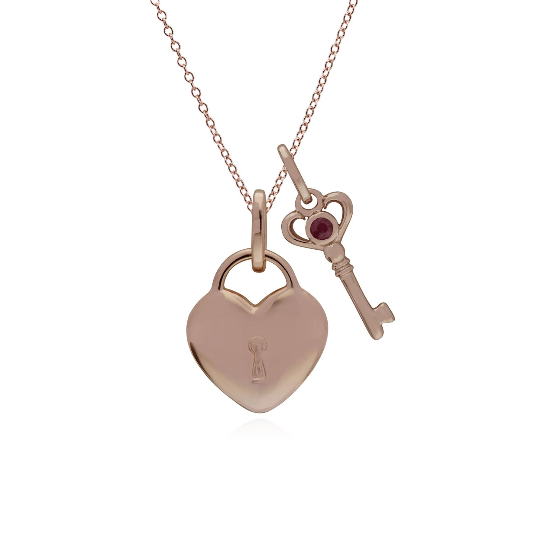 Pendentif Classique Cadenas Cœur Argent 925 Plaqué Or Rose et Charms Clé Rubis