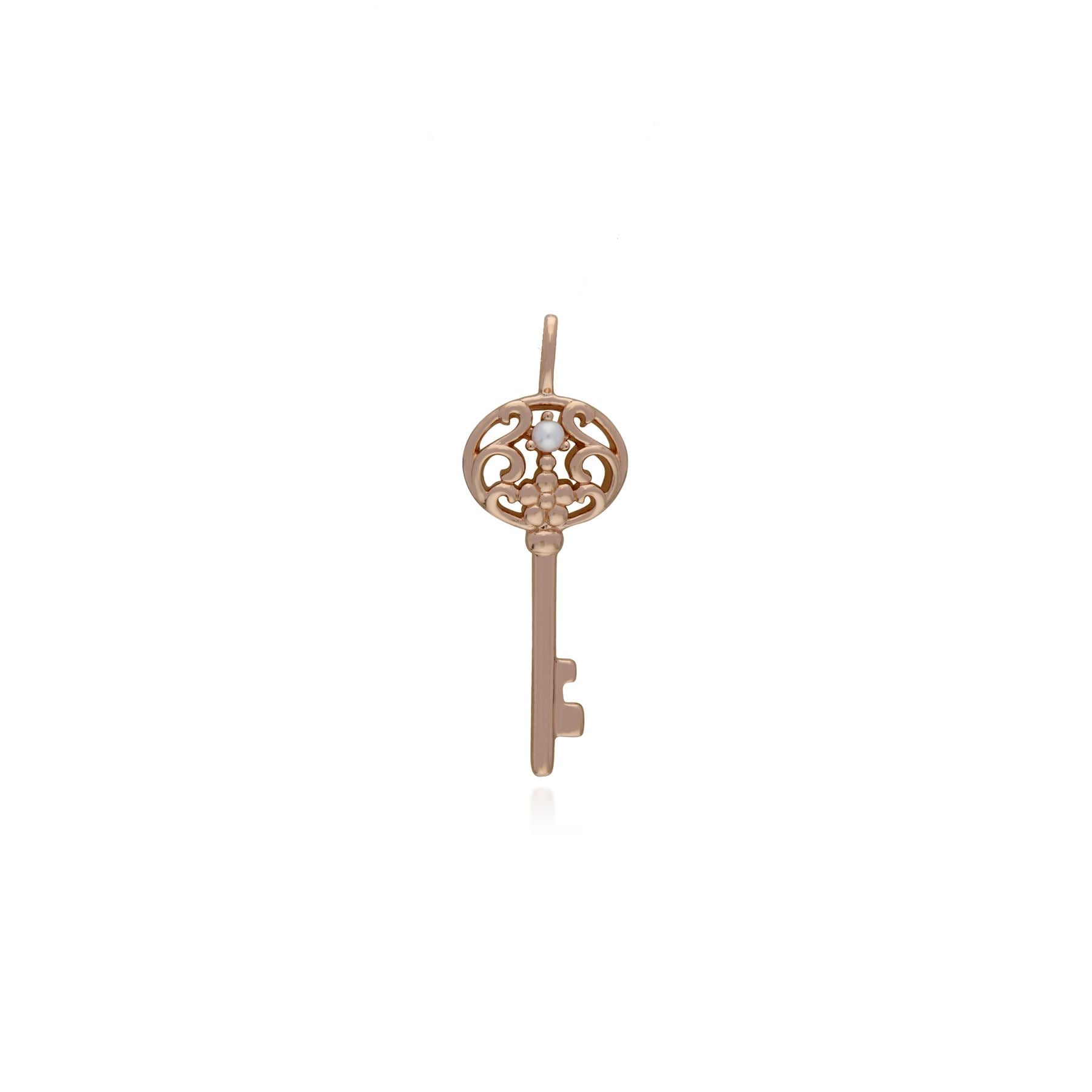Pendentif Classique Argent 925 Plaqué Or Rose Grande Clé avec Perle