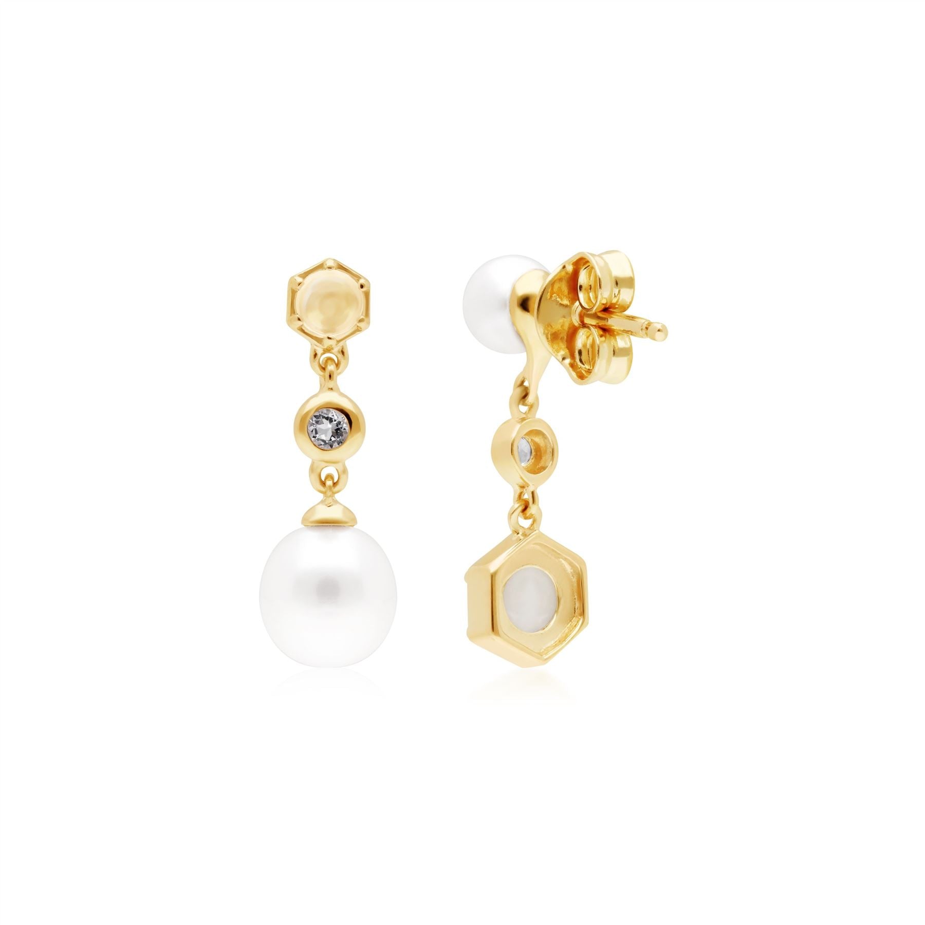 Boucles d'Oreilles Pendantes Asymétrique Perle Moderne Argent 925 Plaqué Or Perle, Opale et Topaze