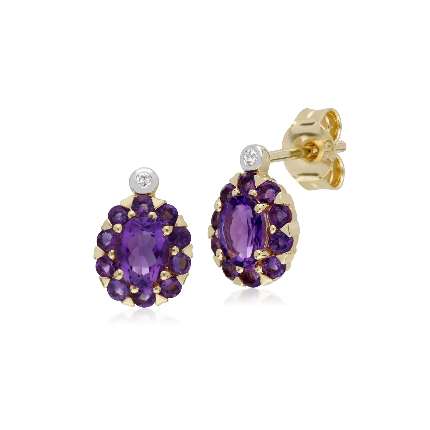 Boucles d'Oreilles Clou et Pendentif Classique Or Jaune 375 Améthyste et Diamant Cluster