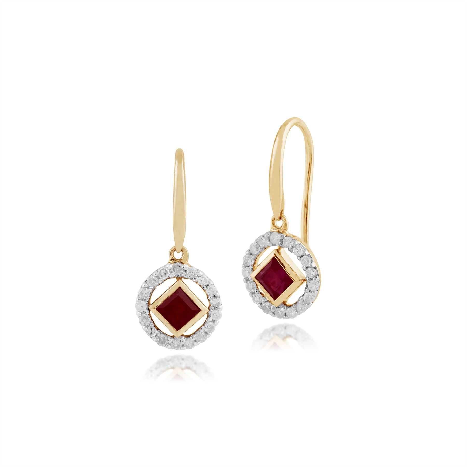 Boucles d'Oreilles Pendantes Classique Or Jaune 375 Rubis Carré et Diamant Style Halo