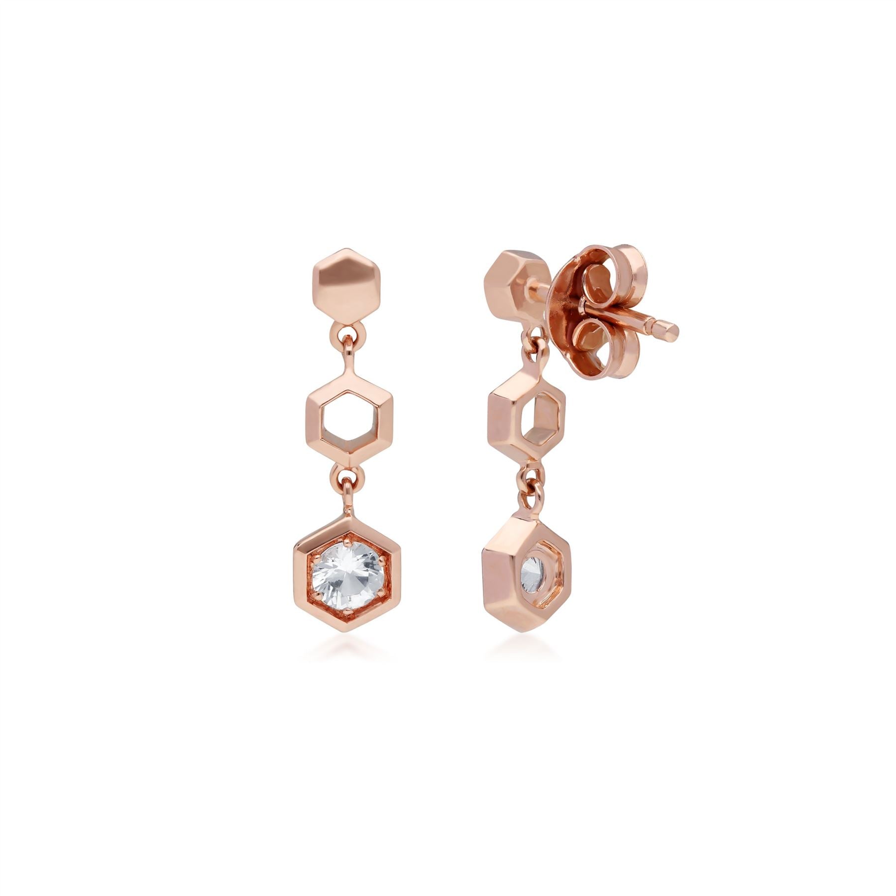 Boucles d'Oreilles Pendantes Style Honeycomb Or Rose 375 Saphir Blanc