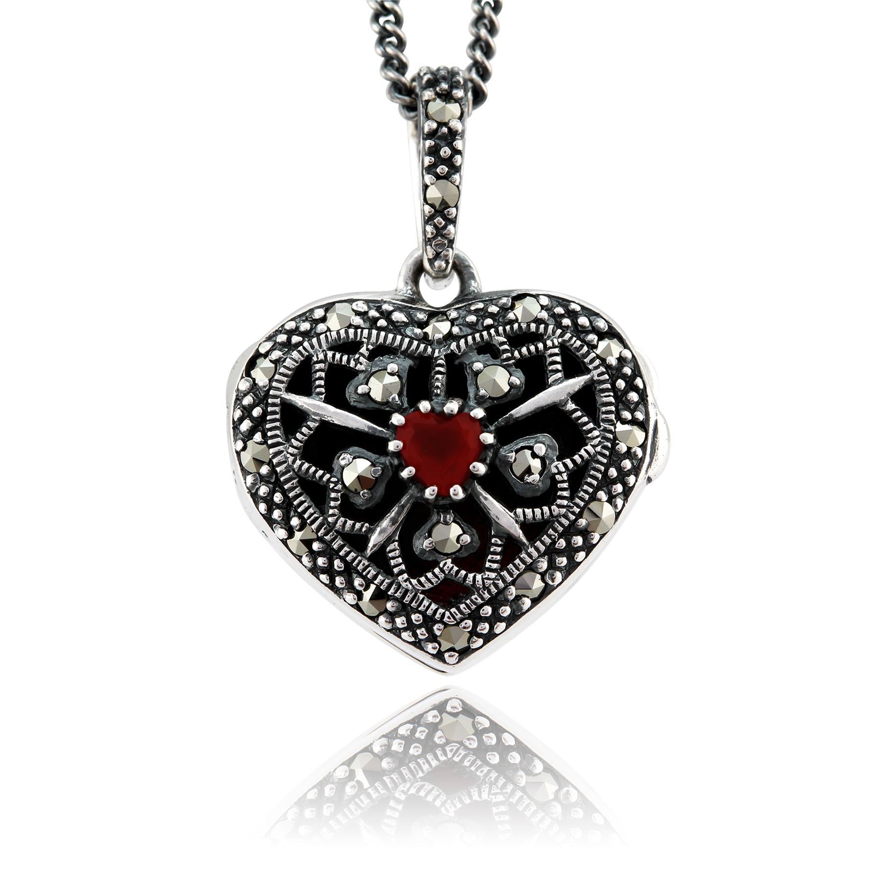 Pendentif Porte-Photo Cœur Style Art Nouveau Argent 925 Cornaline et Marcassite