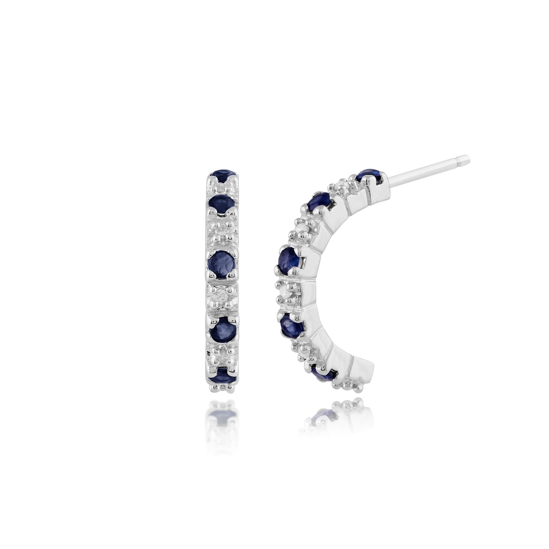 Boucles d'Oreilles Demi-Créoles Classique Or Blanc 375 Saphir Rond et Diamant