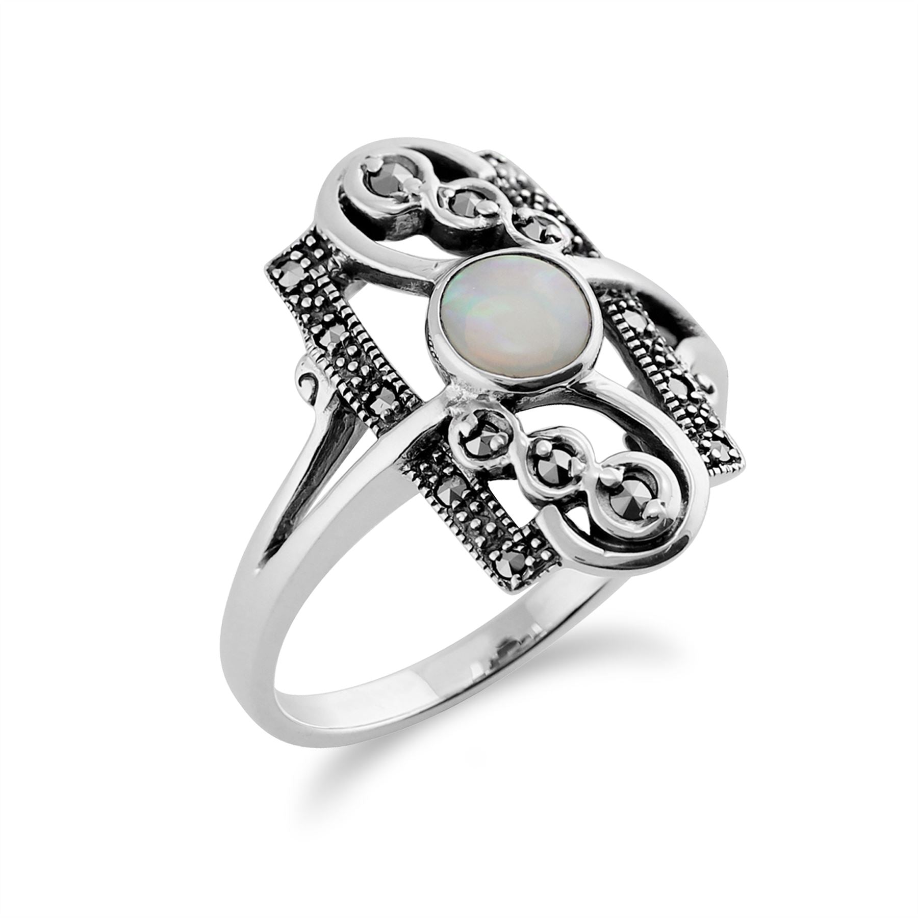 Gemondo 925 Argent 0,28ct Cabochon Opale & 0,15 CT Marcassite Classique Bague Style Art Nouveau