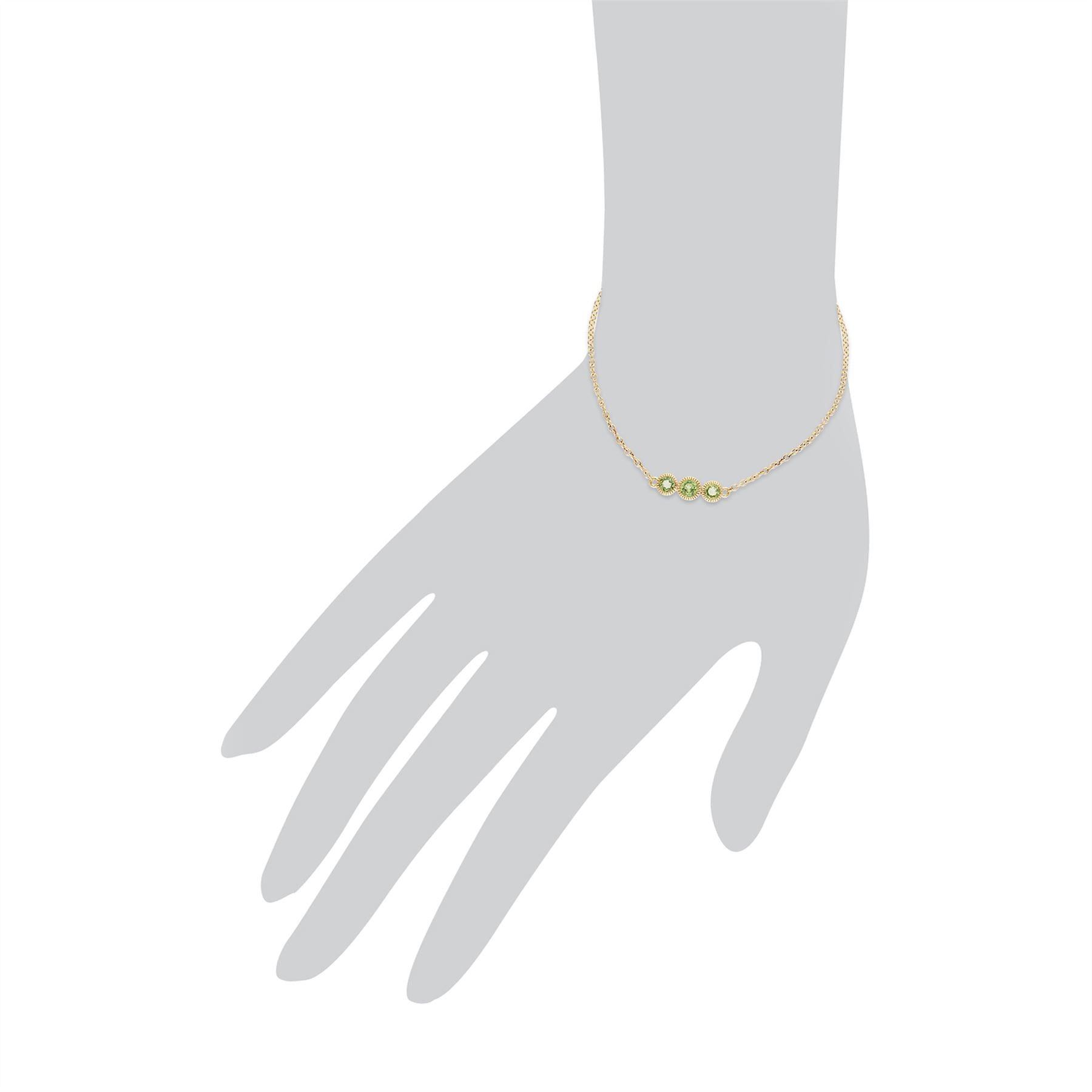Peridot Bracelet, 9 Ct Péridot Or Jaune Triple Stone Round Milgrain 19cm Bracelet