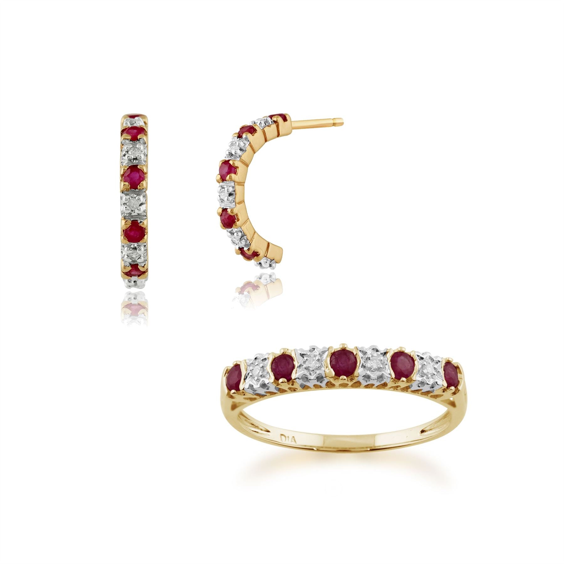 Boucles d'Oreilles Demi Créoles et Bague Demi-Eternité Classique Or Jaune 375 Rubis Rond et Diamant