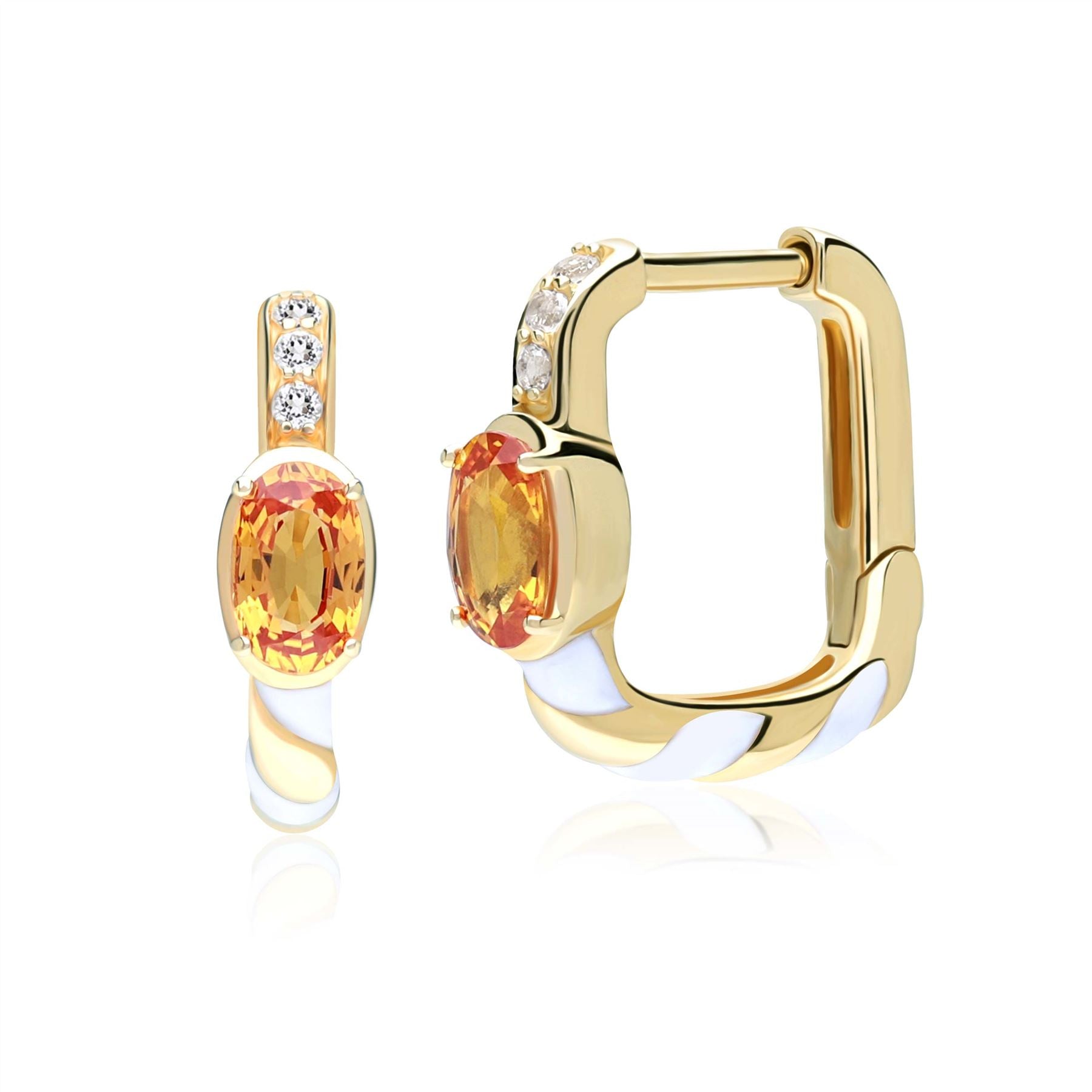 Boucles d'Oreilles Créoles Carrées Siberian Waltz avec Topaze Blanche et Saphir Orange