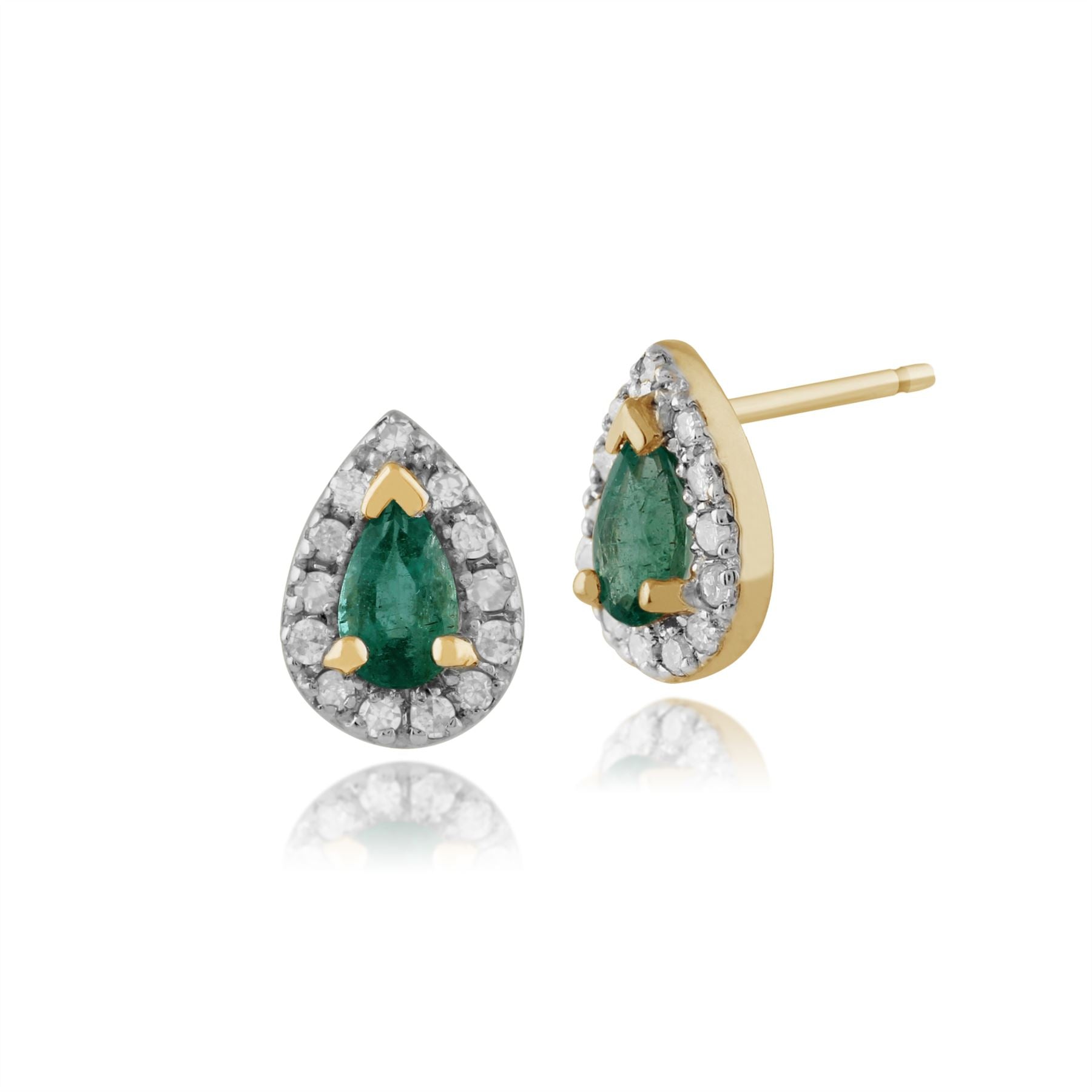 Boucles d'Oreilles Clou et Bague Classique Or Jaune 375 Emeraude Poire et Diamant Halo