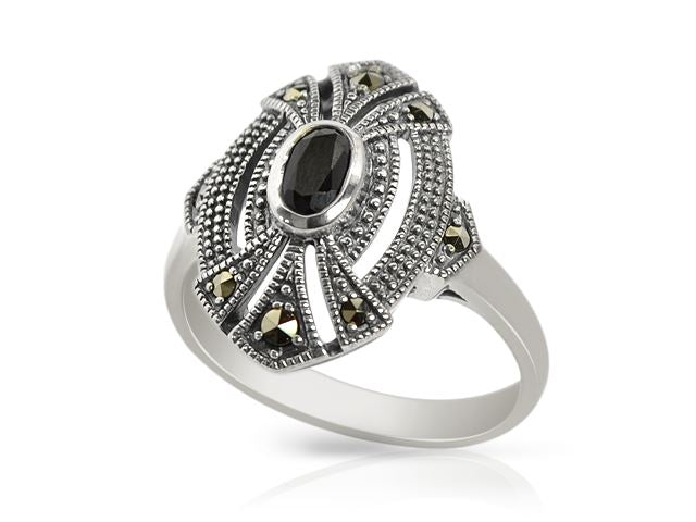 Bague cocktail ovale style art déco en argent sterling 925 avec onyx noir et marcassite