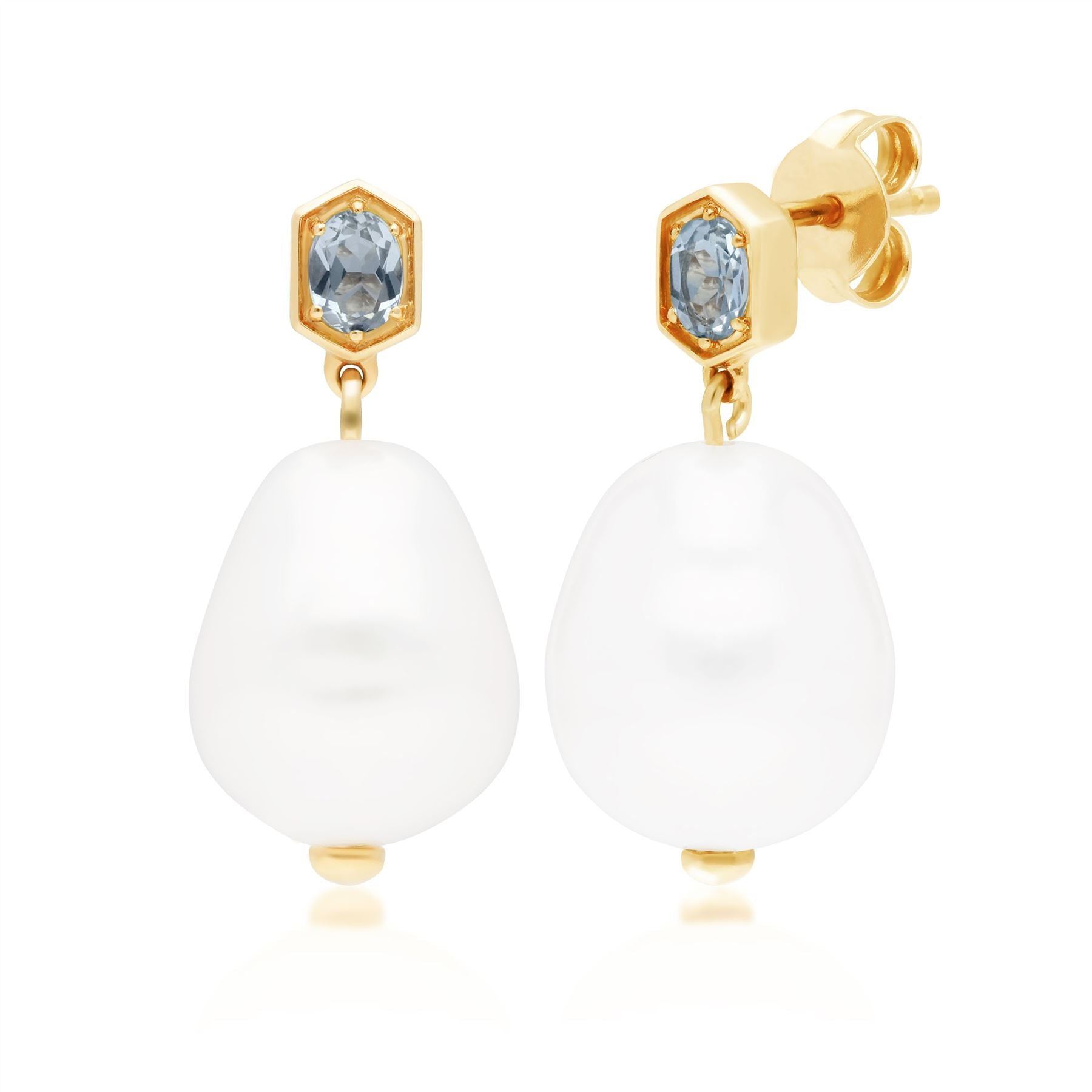 Boucles d'Oreilles Pendantes Moderne Argent 925 Plaqué Or Perle Baroque et Aigue-Marine