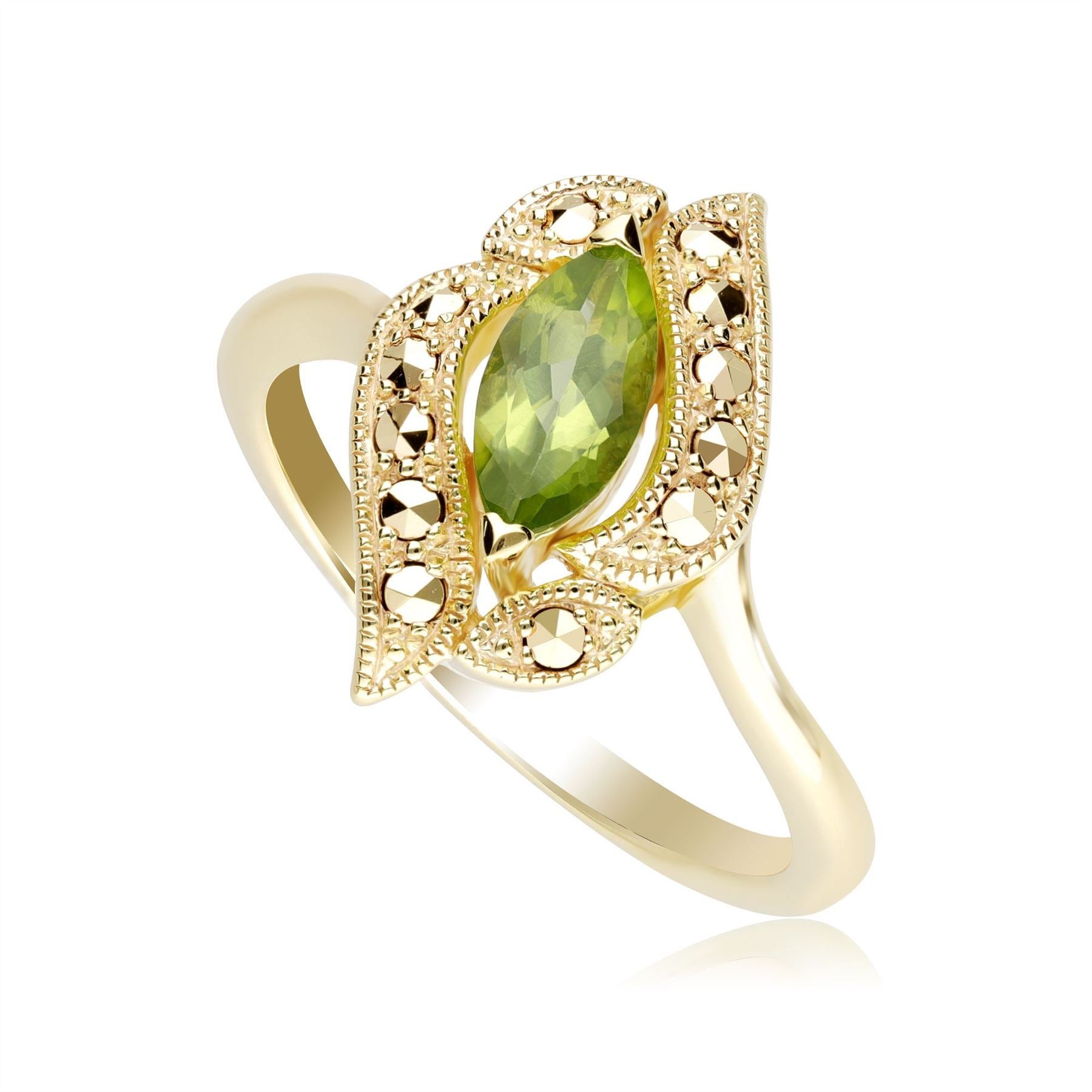 Bague en Argent 925 Doré à l'Or Fin Style Art Nouveau Péridot et Marcassite