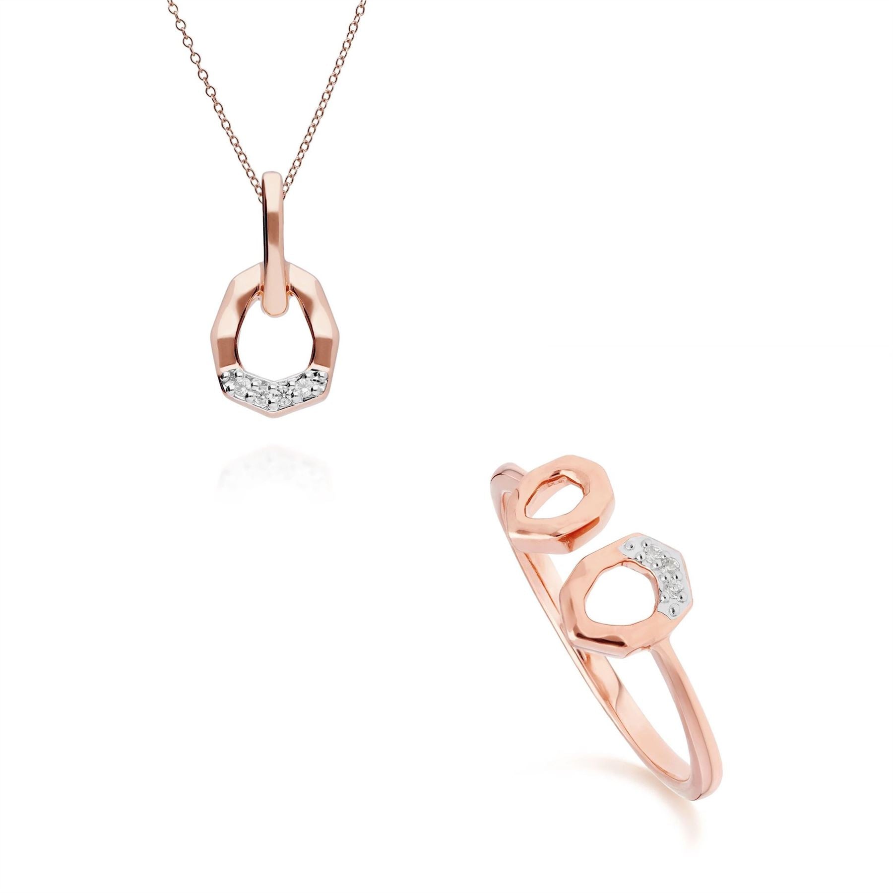 Bague et Pendentif Asymétrique Pavé Diamant Or Rose 375