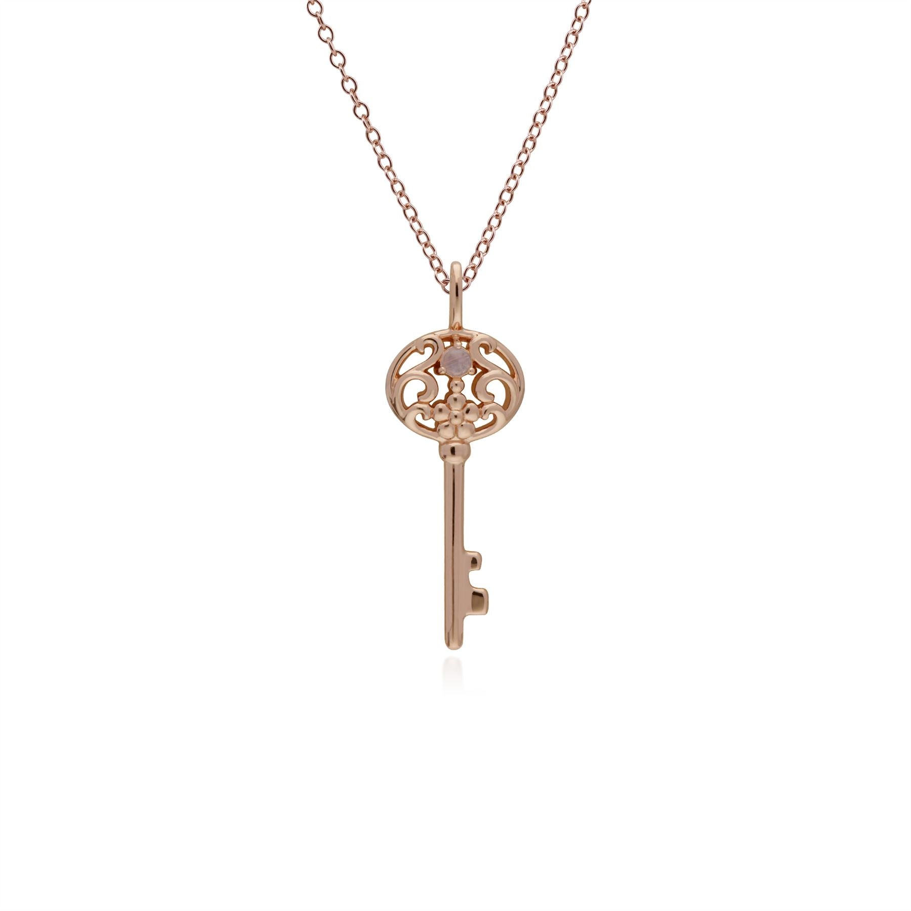 Pendentif Classique Cadenas Cœur Argent 925 Plaqué Or Rose et Charms Grande Clé Pierre de Lune Arc-en-Ciel