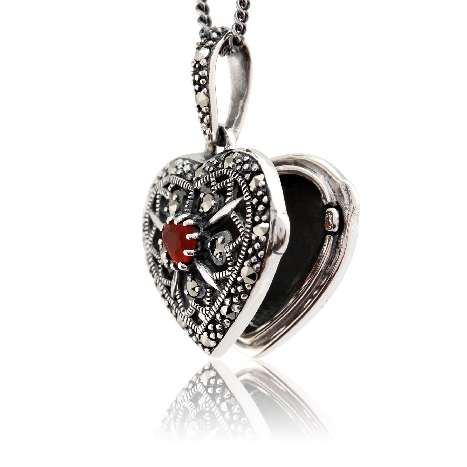 Pendentif Porte-Photo Cœur Style Art Nouveau Argent 925 Cornaline et Marcassite