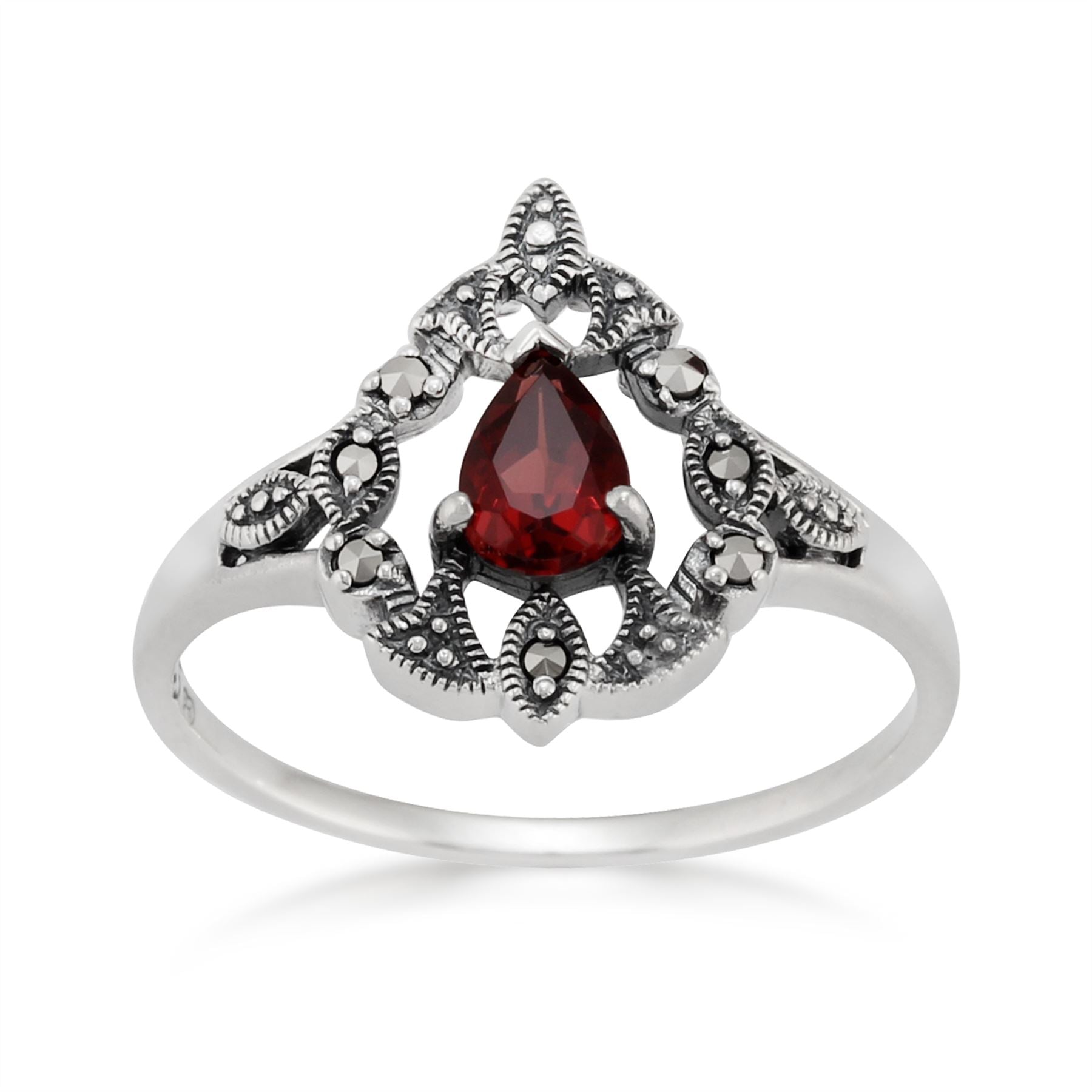 Argent Sterling Victorien 0,4 CT Grenat Du Mozambique & Marcassite Bague