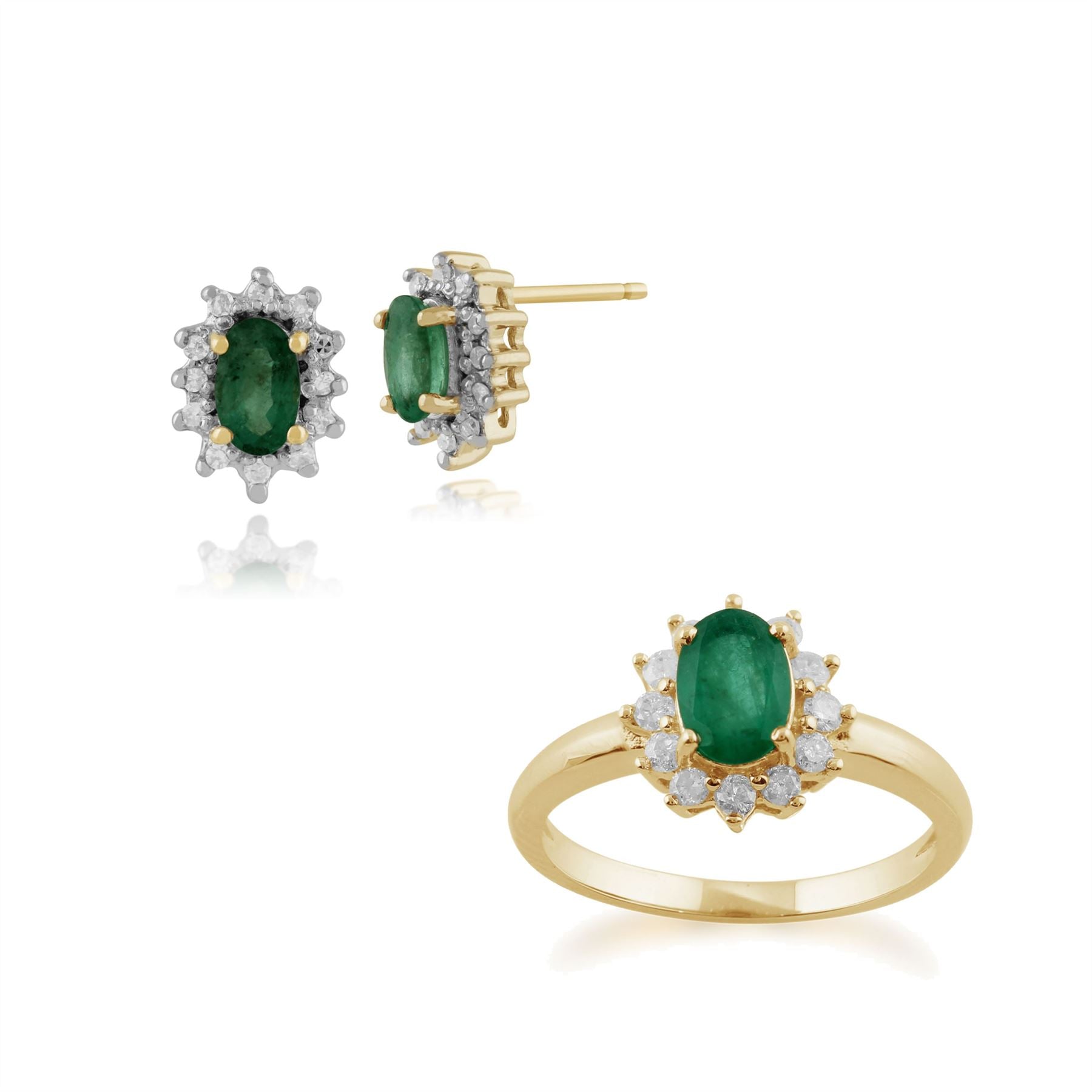 Boucles d'Oreilles Clou et Bague Classique Oval Or Jaune 375 Emeraude et Diamant Halo Cluster