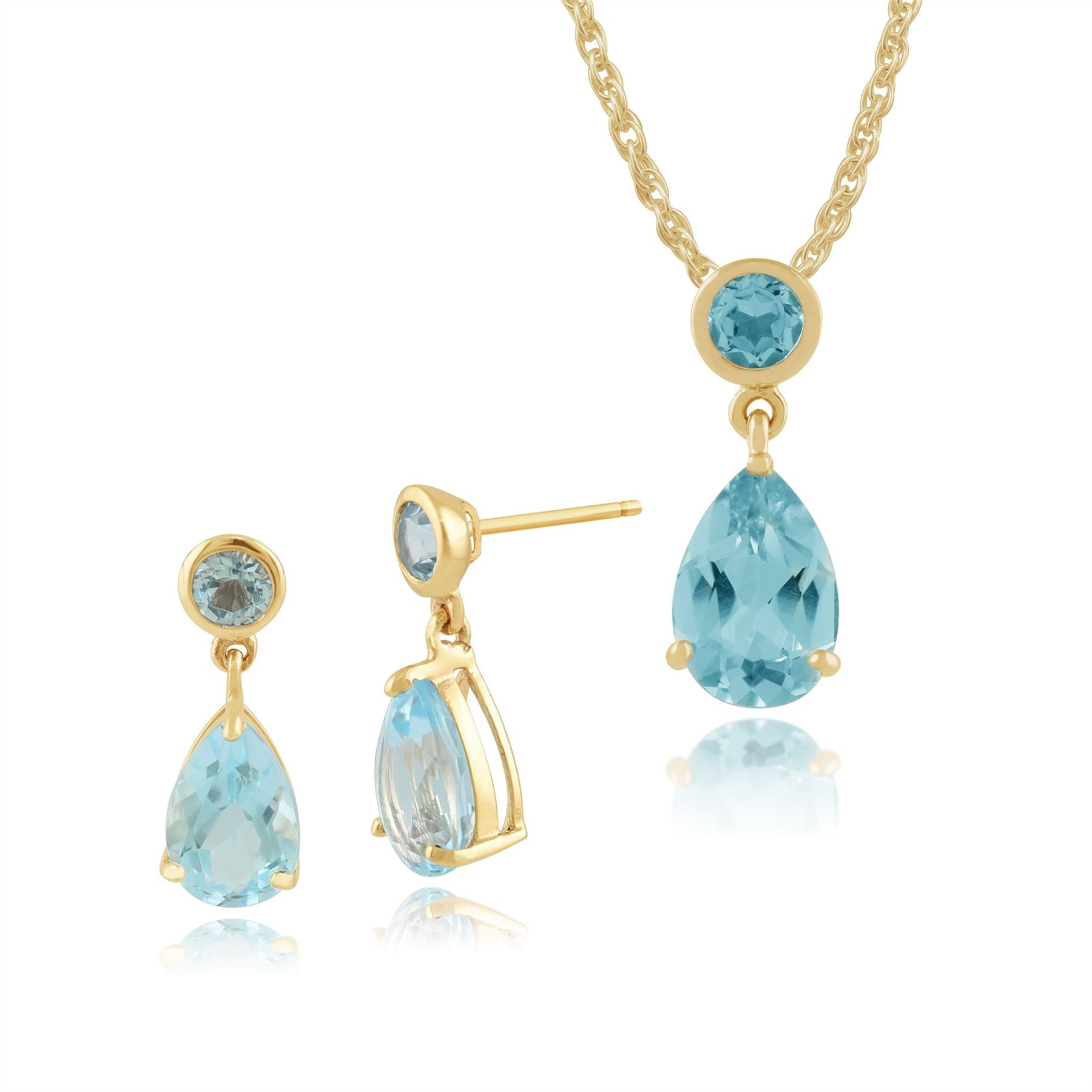 Pendentif et Boucles d'Oreilles Pendantes Classique Or Jaune 375 Topaze Bleue Ronde et Poire