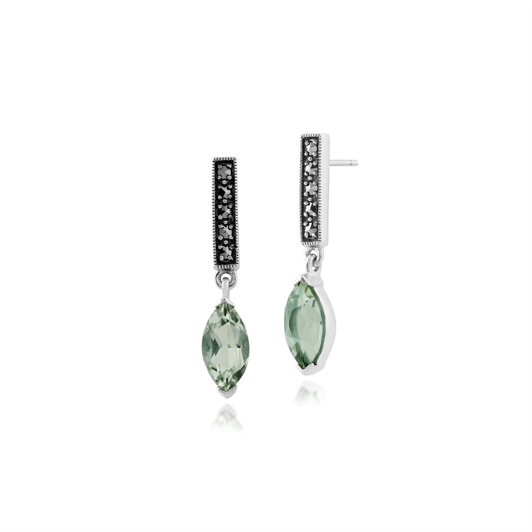 Boucles d'Oreilles Barre Pendantes Style Art Déco Argent 925 Quartz Marquise Vert et Marcasseite
