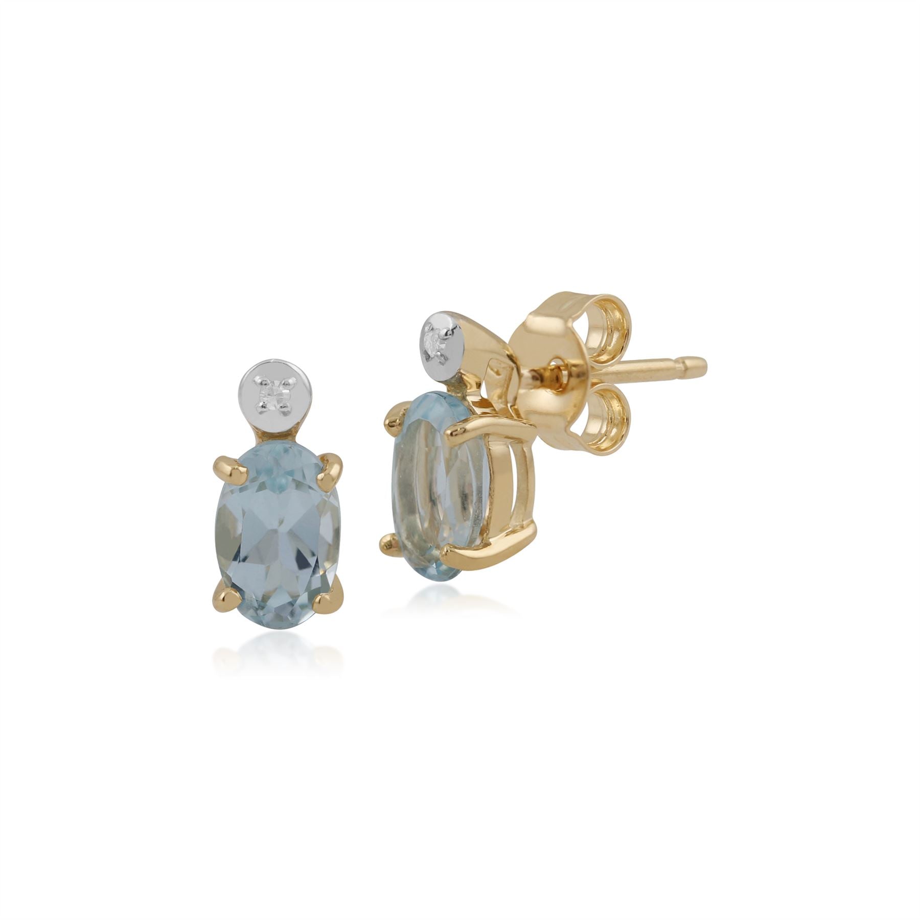 Boucles d'Oreilles Clou Classique Or Jaune 375 Aigue-Marine Ovale et Diamant