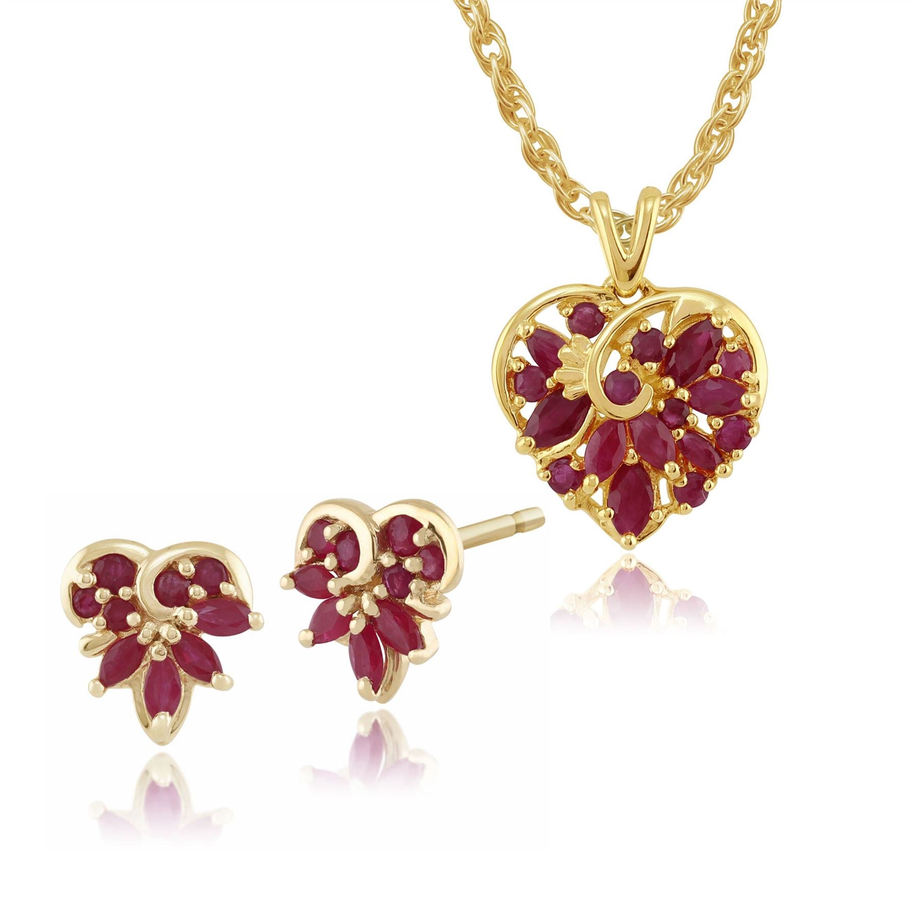 Pendentif et Boucles d'Oreilles Clou Cœur Classique Or Jaune 375 Rubis Rond Cluster
