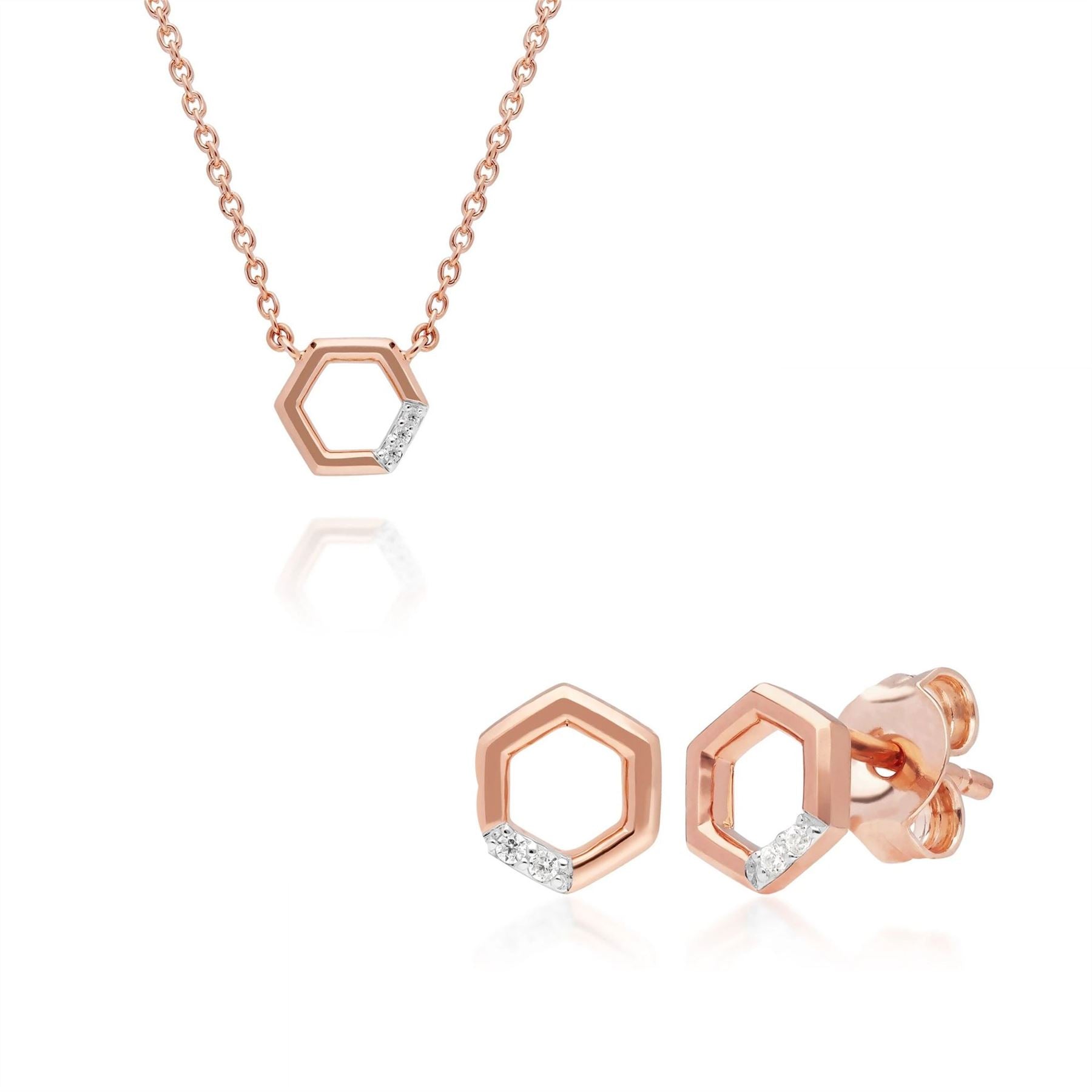 Collier et Boucles d'Oreilles Clou Hexagone Pavé Diamant Or Rose 375 Diamant