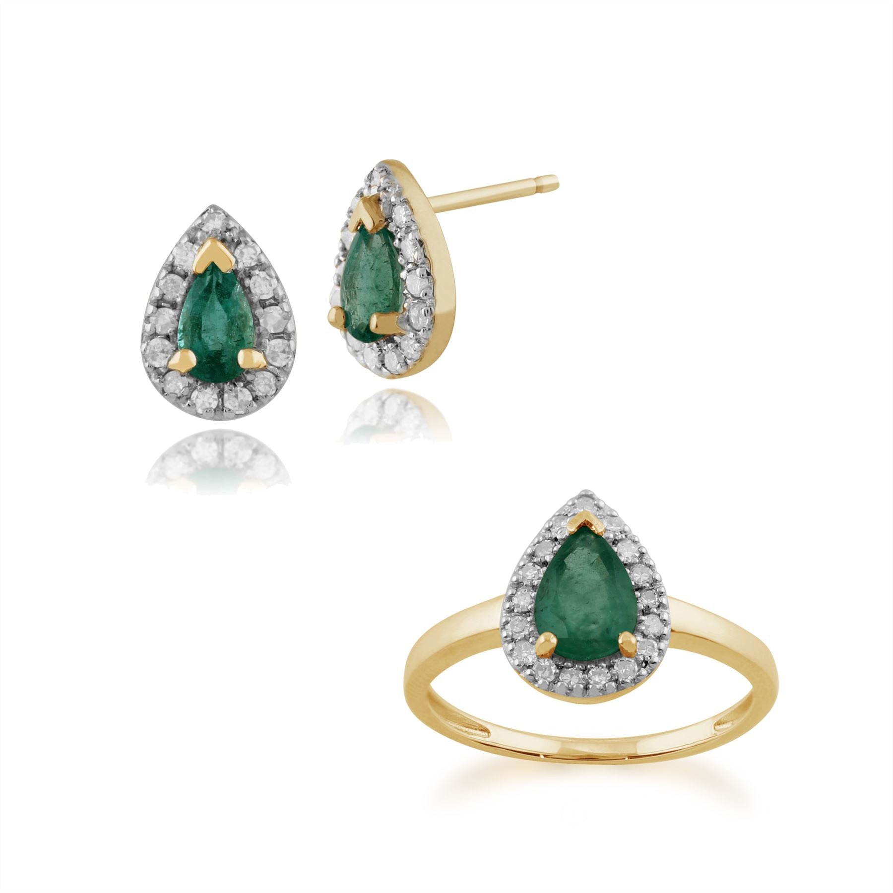 Boucles d'Oreilles Clou et Bague Classique Or Jaune 375 Emeraude Poire et Diamant Halo