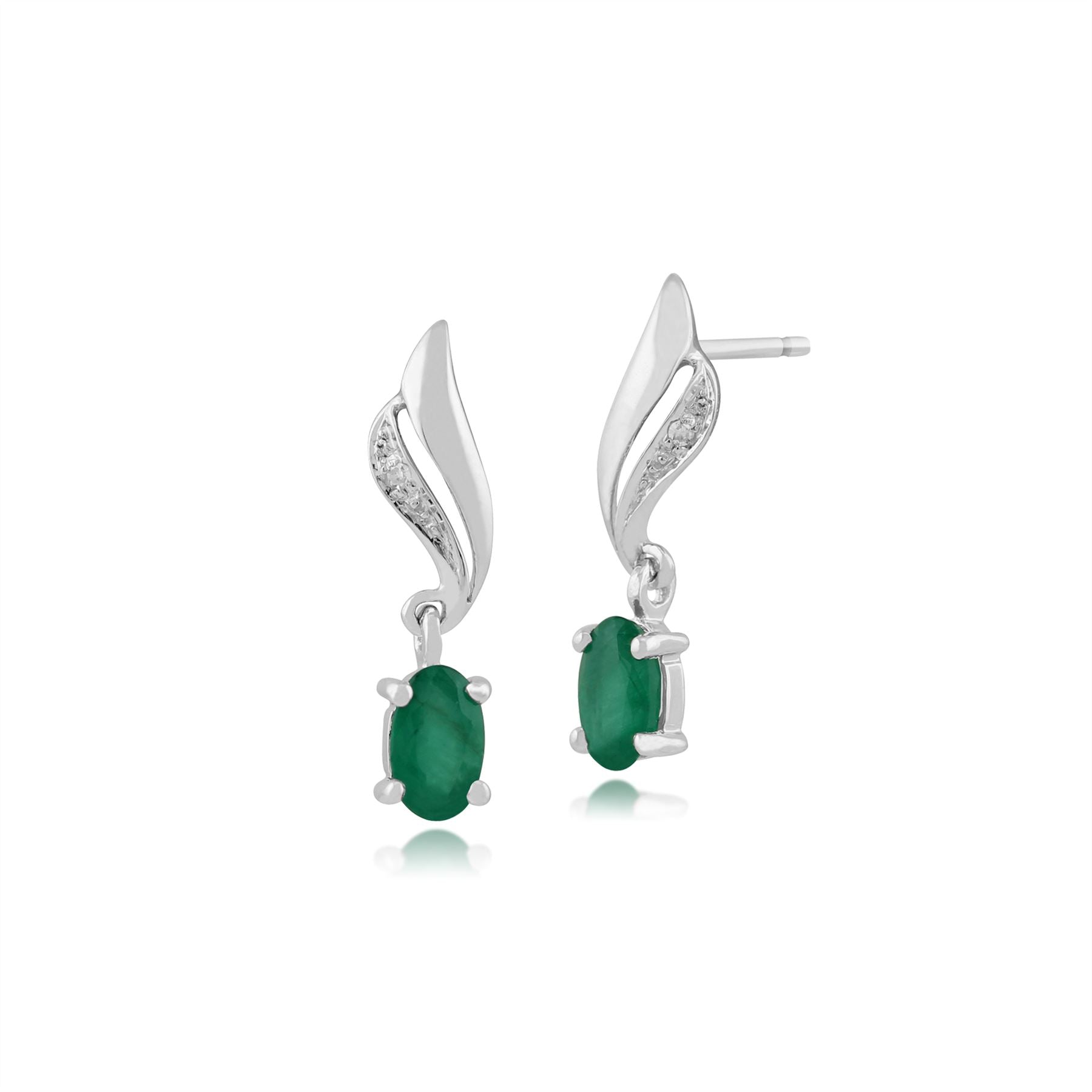 Boucles d'Oreilles Pendantes Classique Or Blanc 375 Emeraude Oval et Diamant