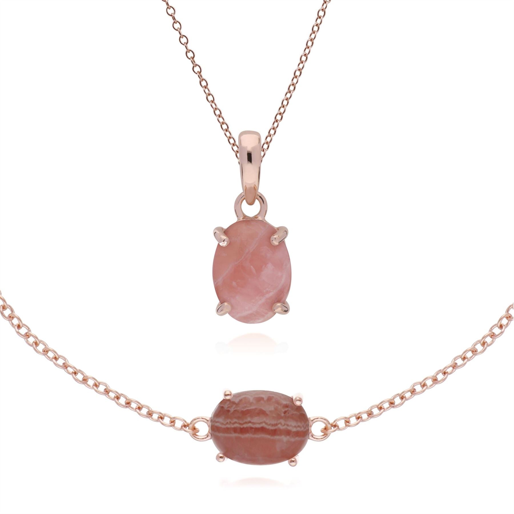 Pendentif et Bracelet Classique Argent 925 Plaqué Or Rose Rhodochrosite Oval