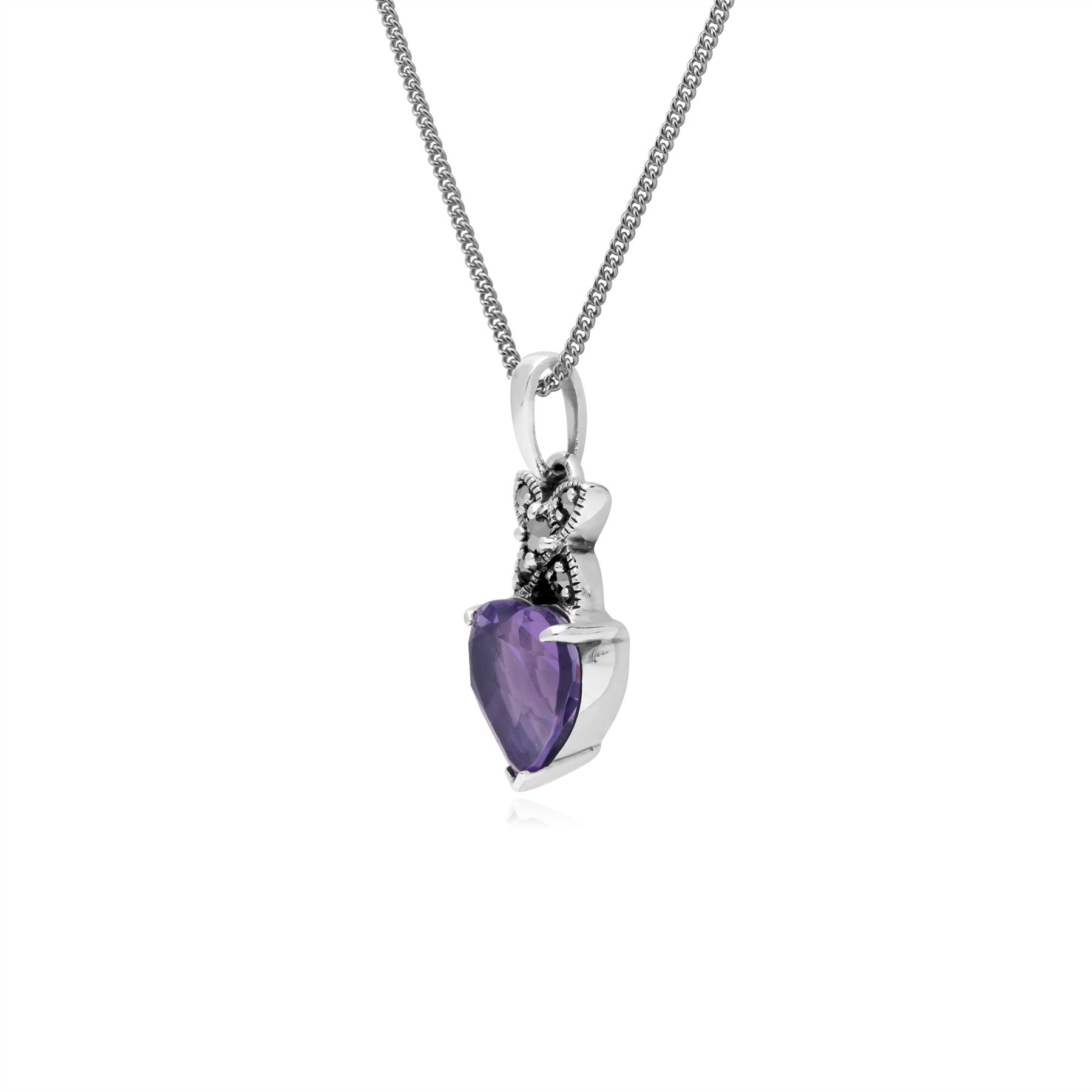 Pendentif Cœur Classique Argent 925 Améthyste et Marcassite bélière Croisée