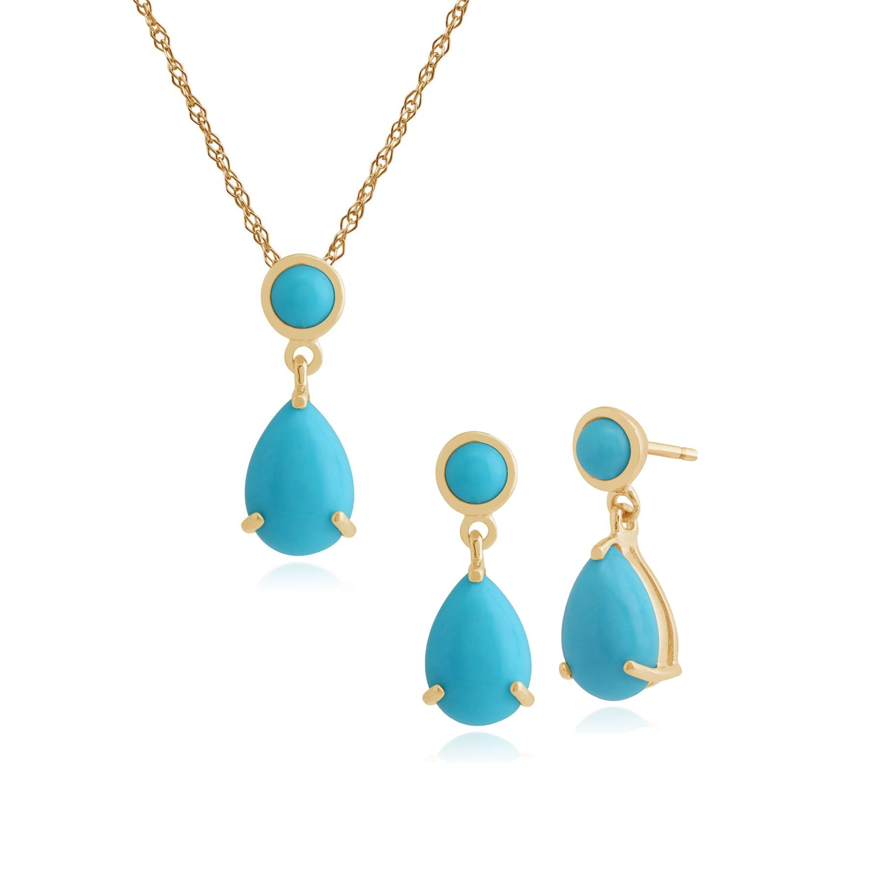 Pendentif et Boucles d'Oreilles Pendantes Classique Or Jaune 375 Turquoise Ronde et Poire