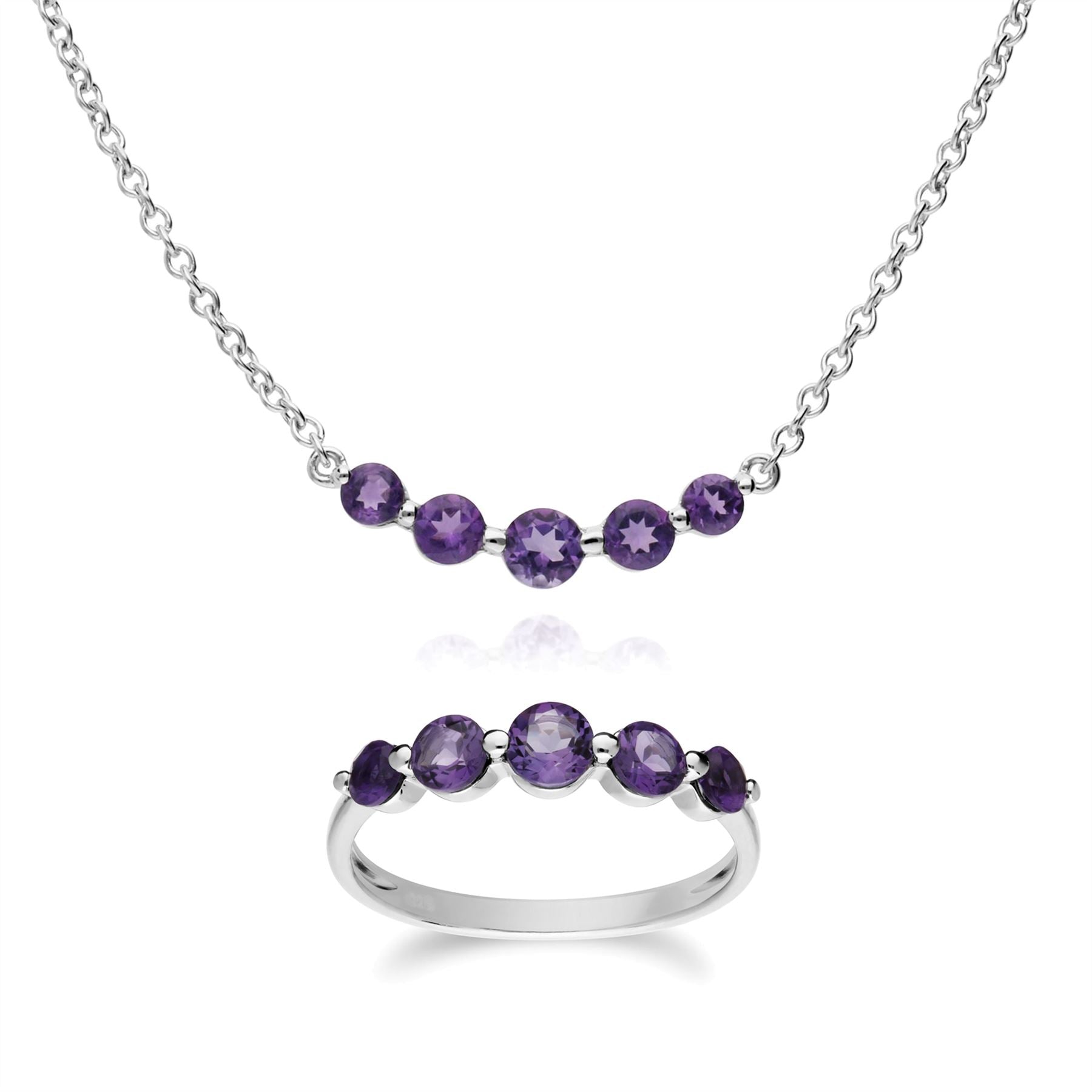 Collier et Bague Classique Argent 925 Améthyste Cinq Pierres
