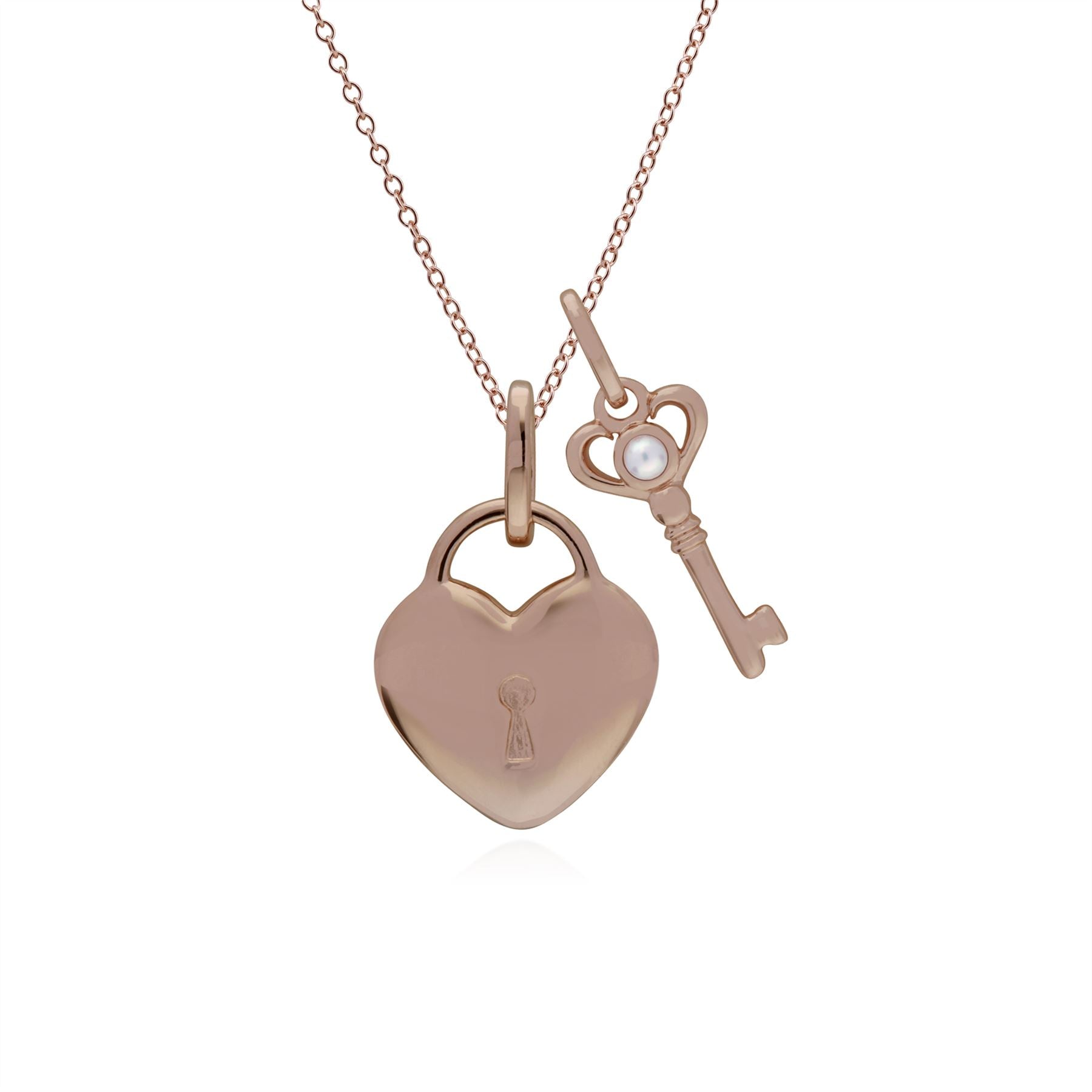 Pendentif Classique Cadenas Cœur Argent 925 Plaqué Or Rose et Charms Clé Perle