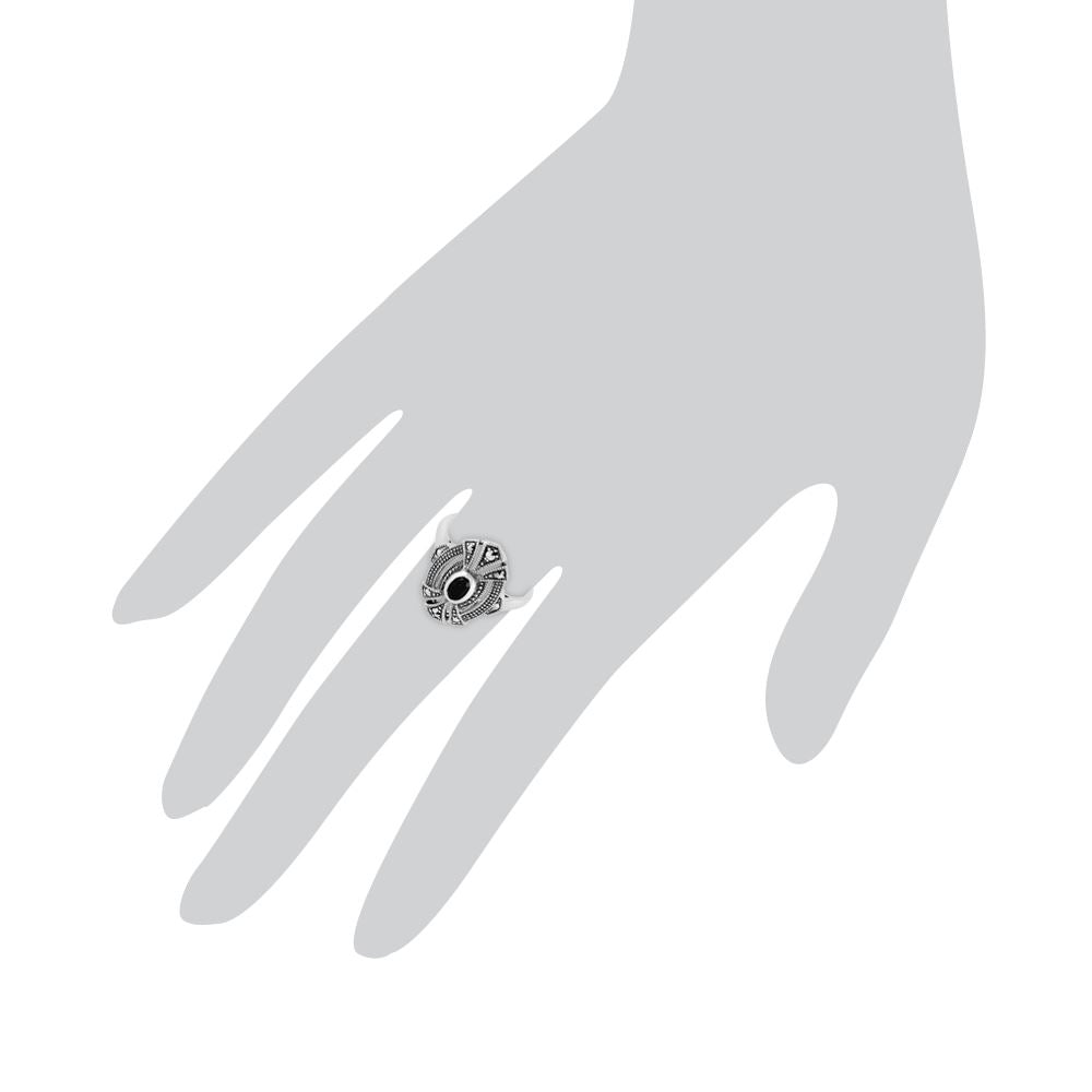 Bague cocktail ovale style art déco en argent sterling 925 avec onyx noir et marcassite