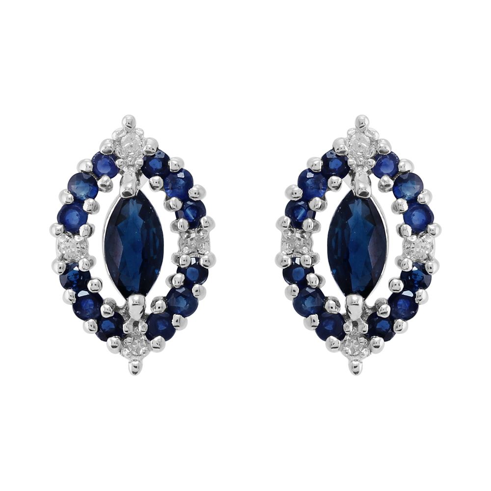 Boucles d'Oreilles Clou Classique Argent 925 Saphir Marquise et Diamant Style Cluster