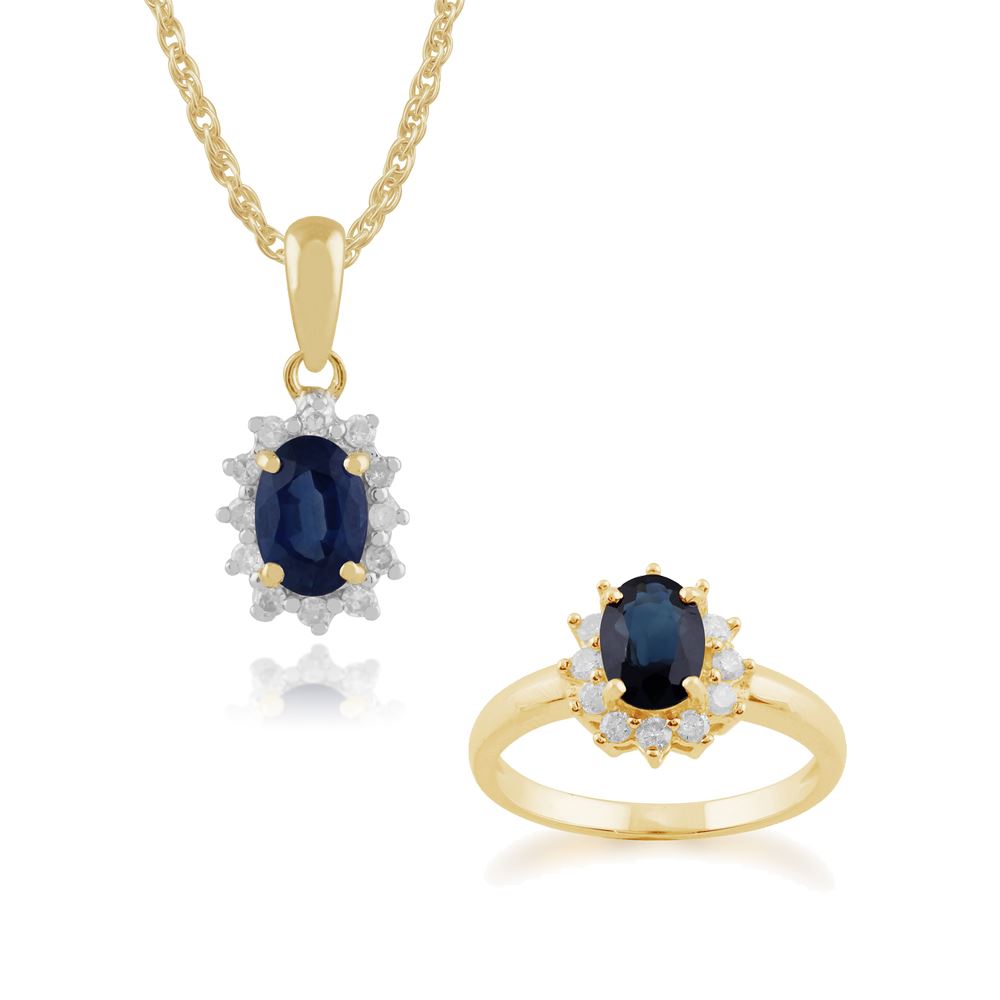 Pendentif et Bague Classique Oval Or Jaune 375 Sapphire et Diamant Halo Cluster