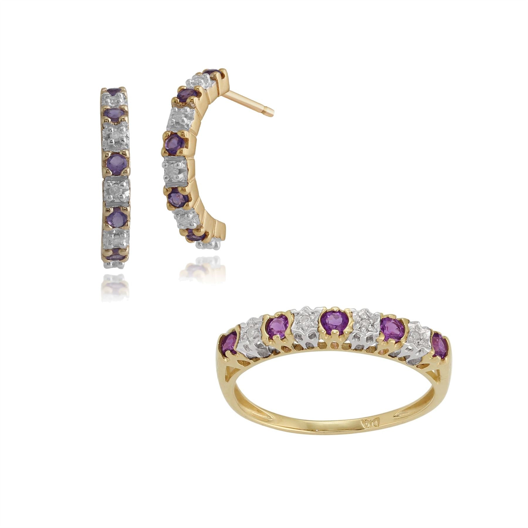Boucles d'Oreilles Demi Créoles et Bague Demi Eternité Classique Or Jaune 375 Améthyste et Diamant