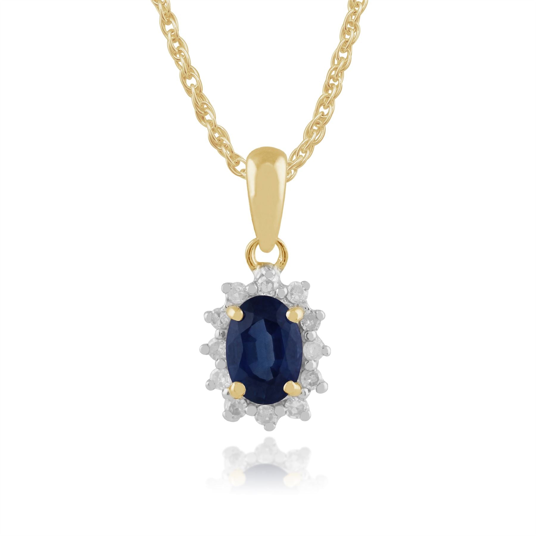 Pendentif et Bague Classique Oval Or Jaune 375 Sapphire et Diamant Halo Cluster