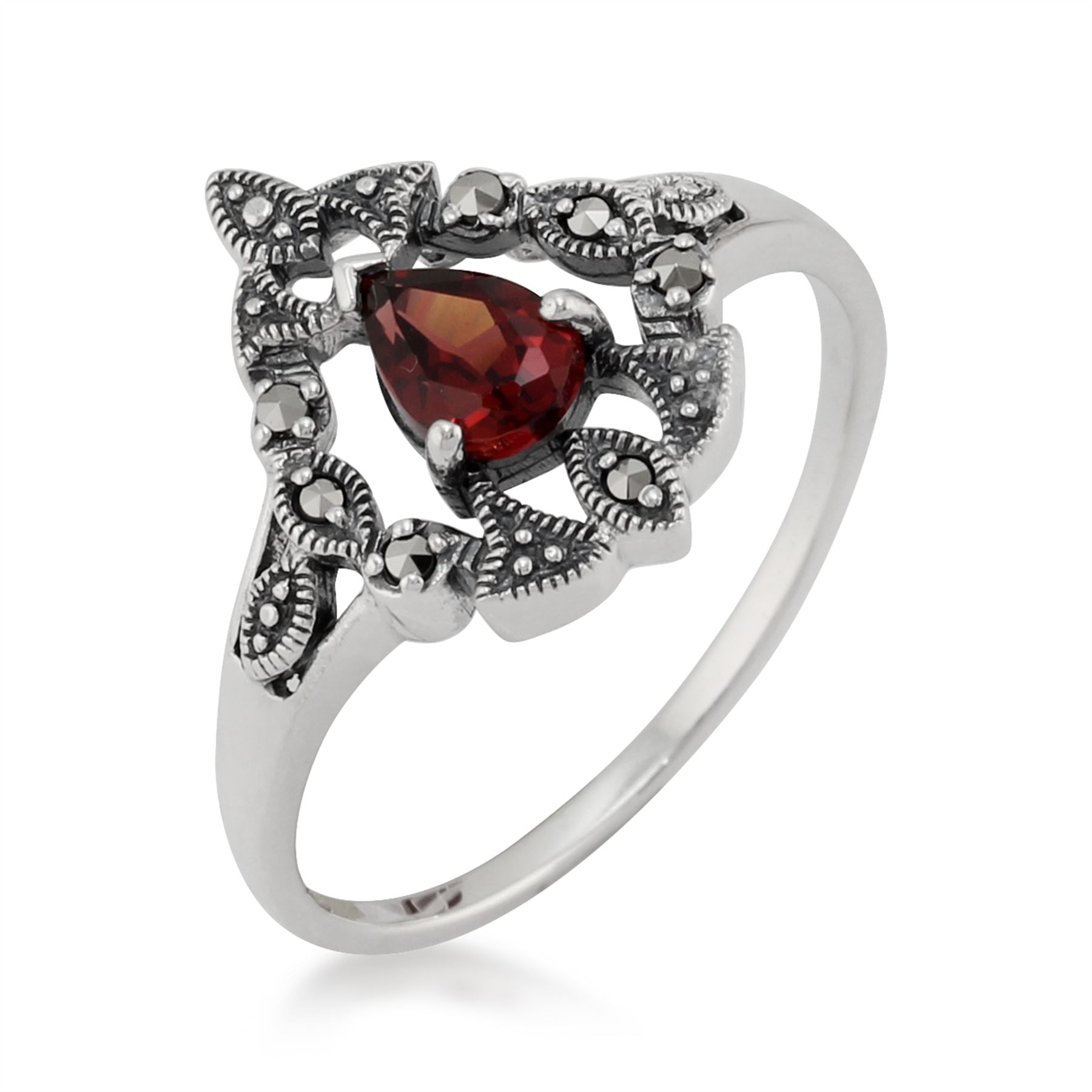 Argent Sterling Victorien 0,4 CT Grenat Du Mozambique & Marcassite Bague
