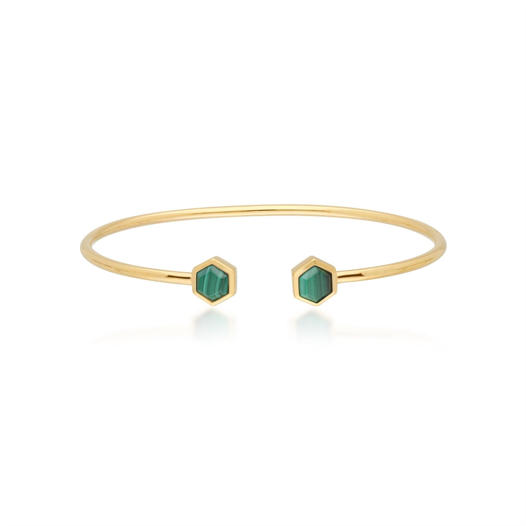 Bracelet Jonc Géométrique Argent 925 Plaqué Or Jaune Malachite Hexagone